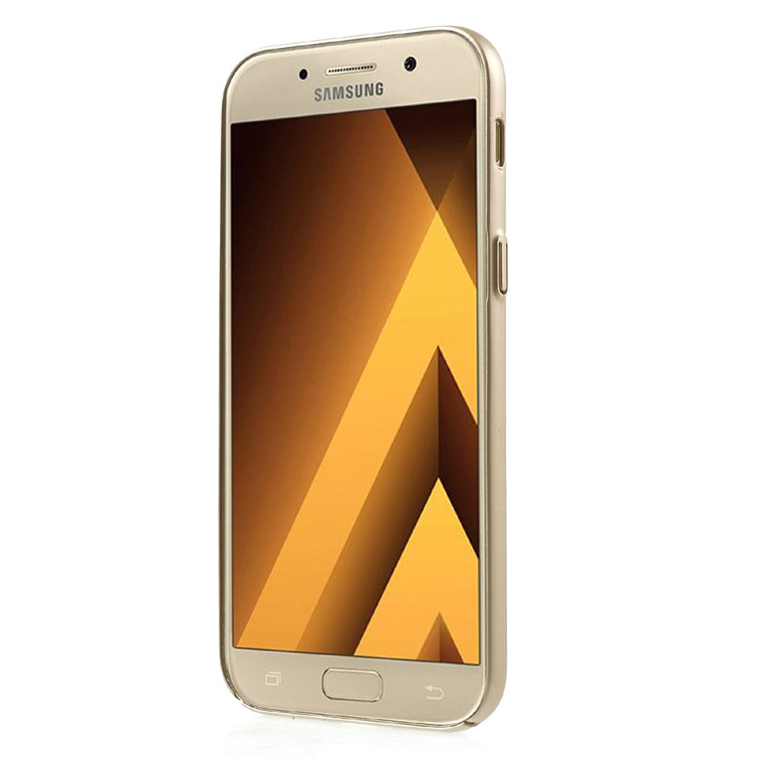 Goldenes Samsung-Telefon, schräge Ansicht. Das Display zeigt einen goldenen Farbverlauf. Schwarze Kamera und Sensoren oben.