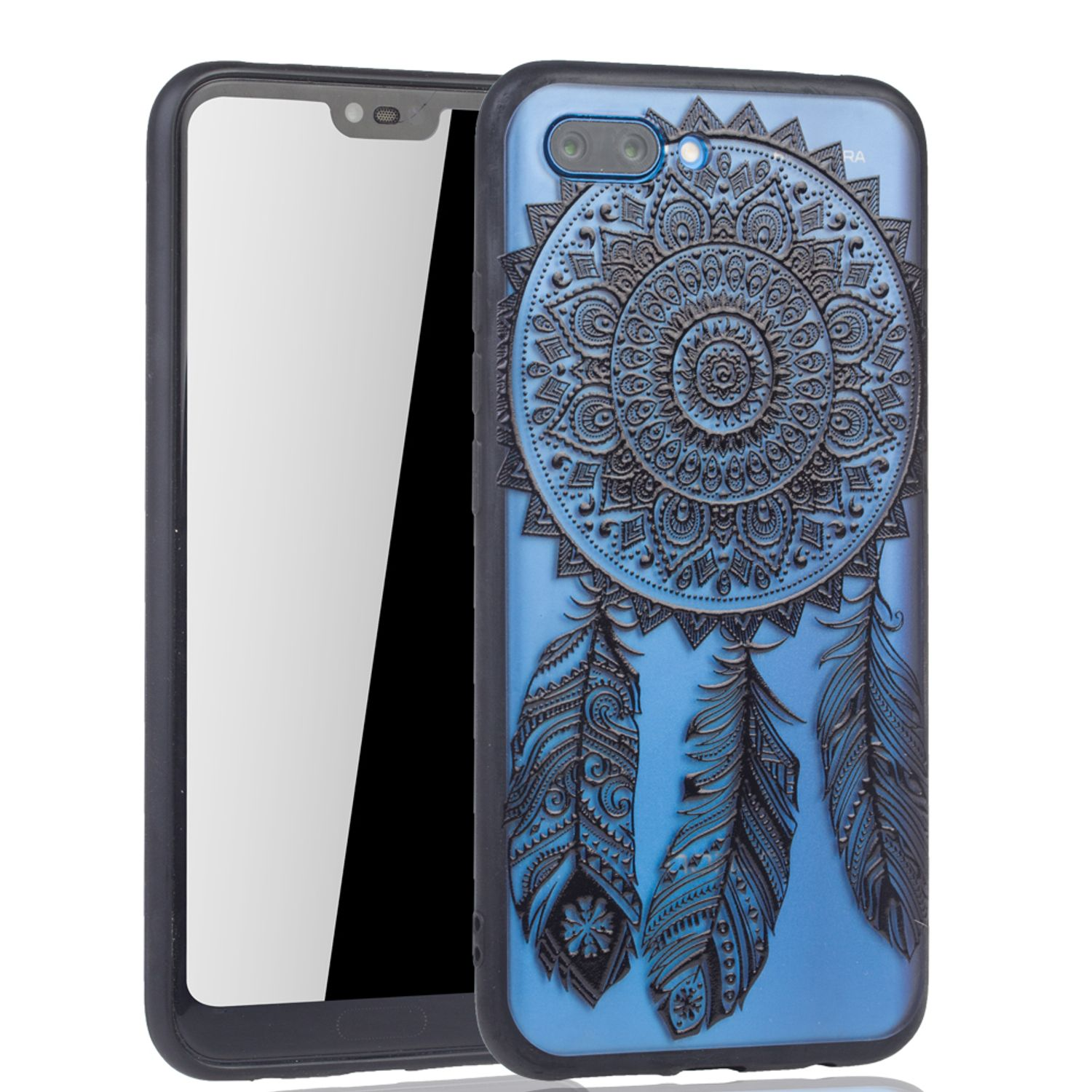 Handyhülle mit blauem Traumfänger-Design und Telefon darin. Weißer Hintergrund.