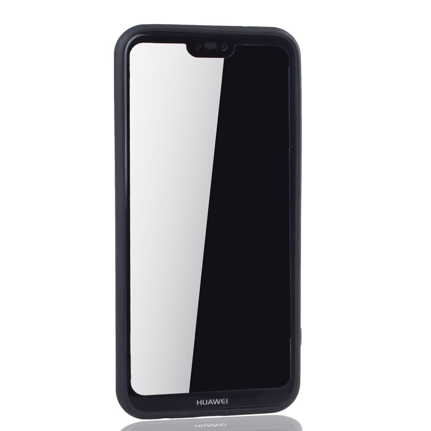 Ein schwarzes Telefon mit Bildschirm. Das Telefon hat eine Kerbe oben.