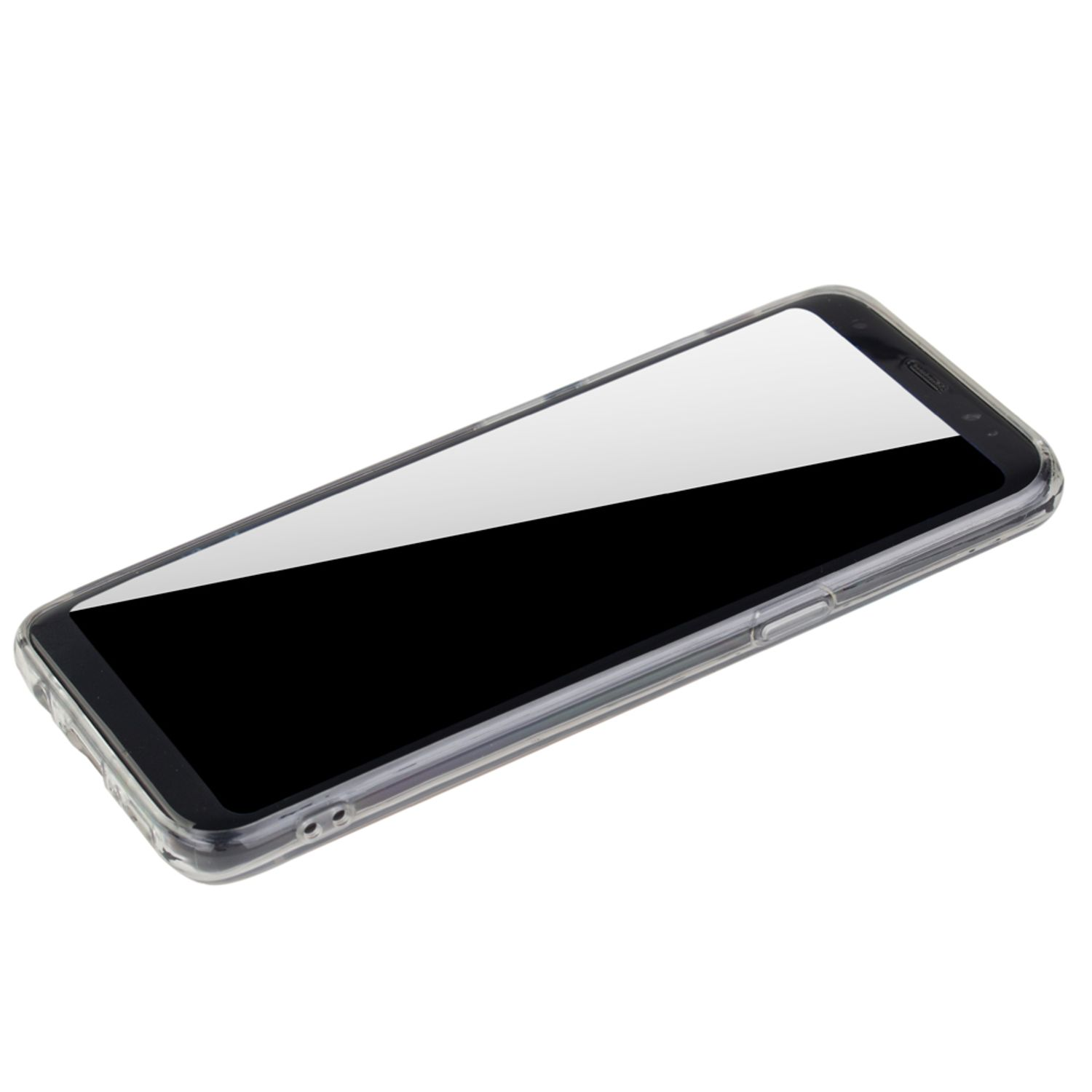 Ein Telefon in einer durchsichtigen Hülle, der Bildschirm ist schwarz und das Telefon ist nach rechts geneigt.