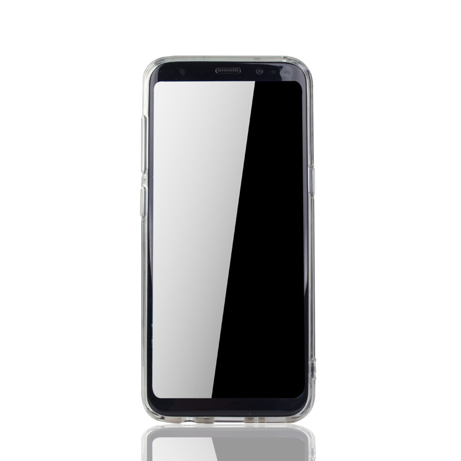 Ein Telefon mit klarer Hülle, Bildschirm an. Weißer Hintergrund.