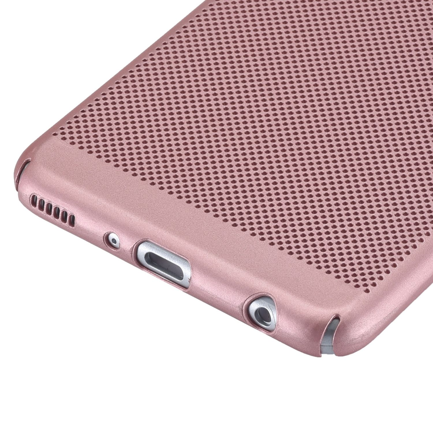 Nahaufnahme einer roségoldenen Handyhülle. Die Hülle hat ein perforiertes Design mit mehreren Löchern.