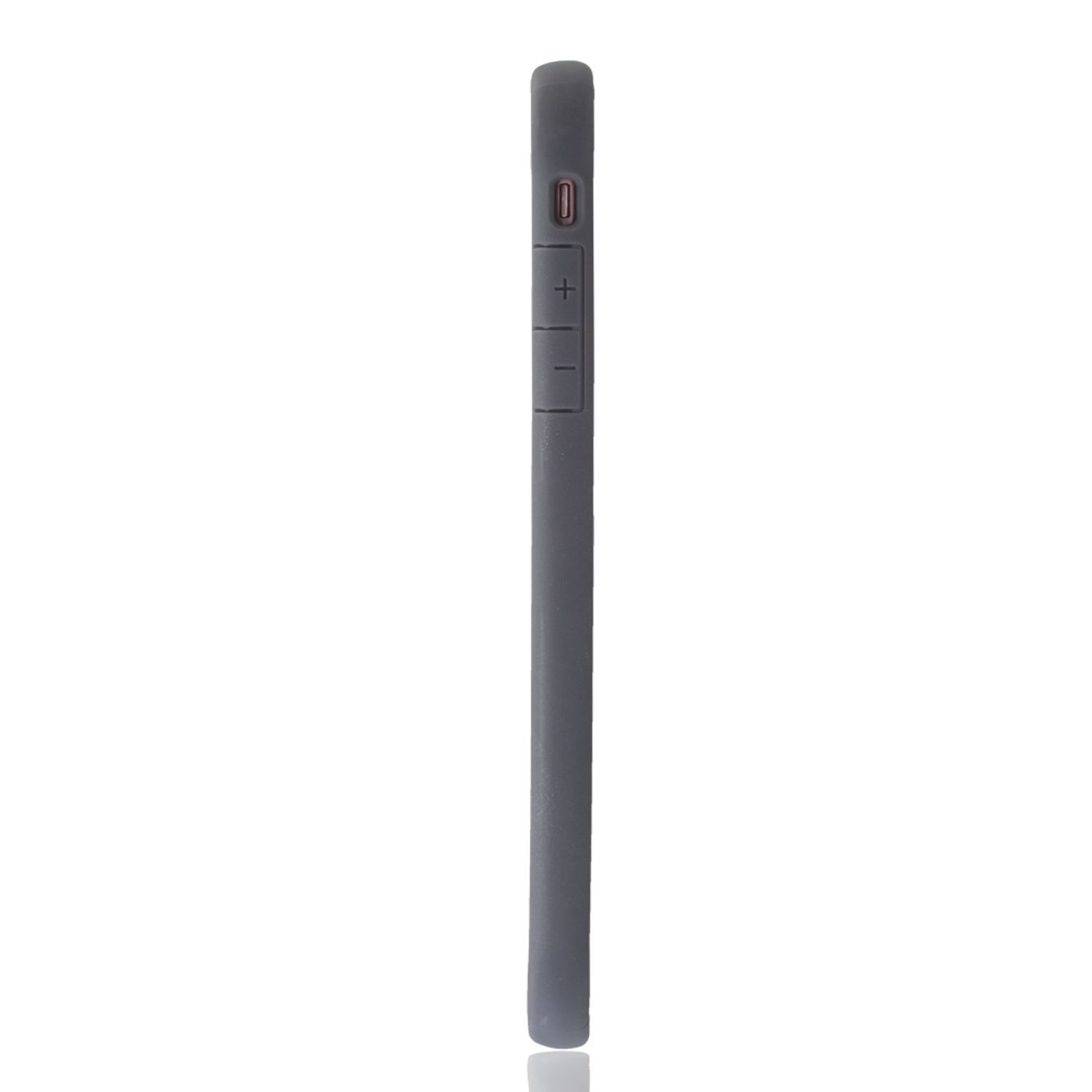 Graues Telefon-Seitenansicht mit Lautstärketasten und Ein/Aus-Taste.