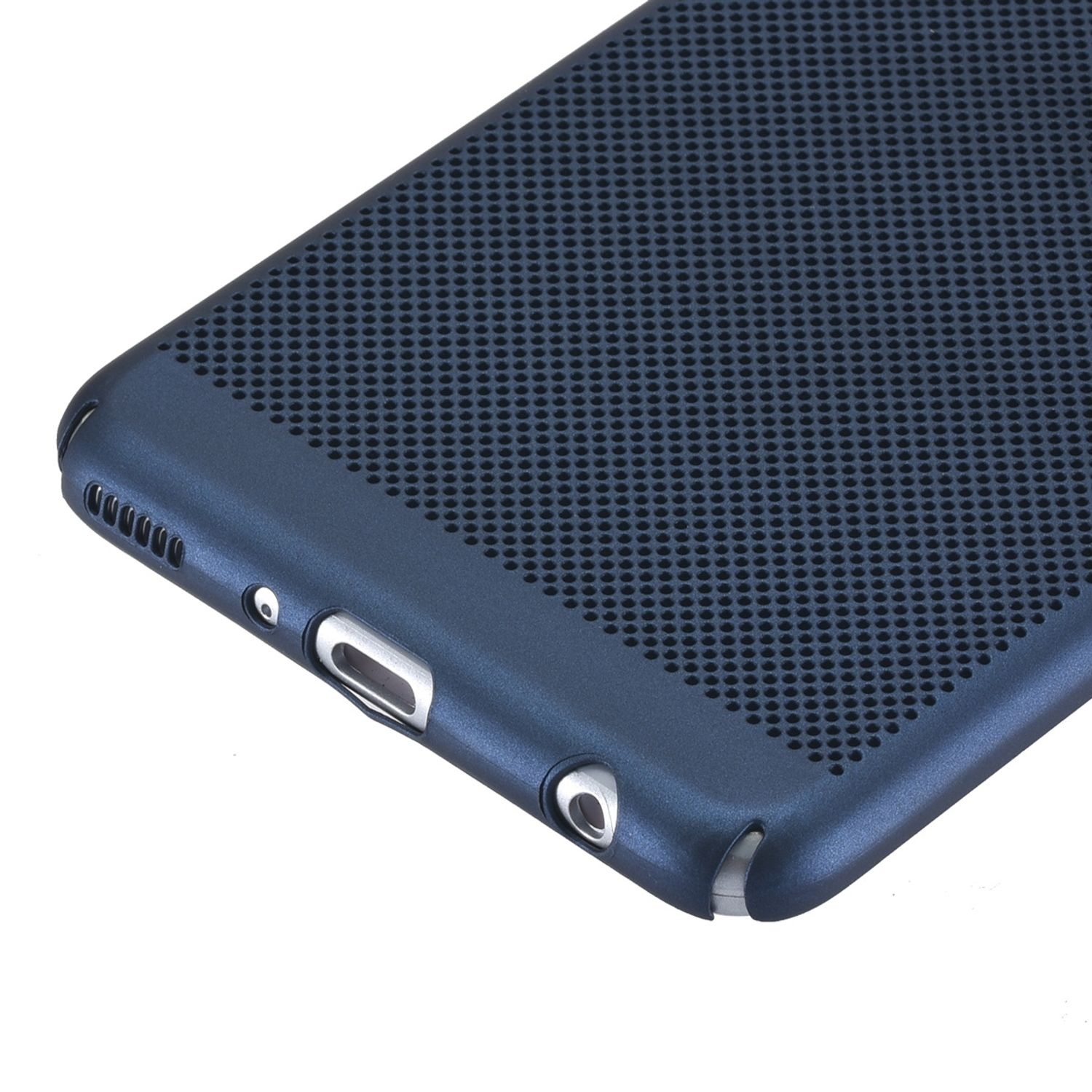 Blaue Handyhülle mit perforiertem Design, zeigt Anschlüsse.