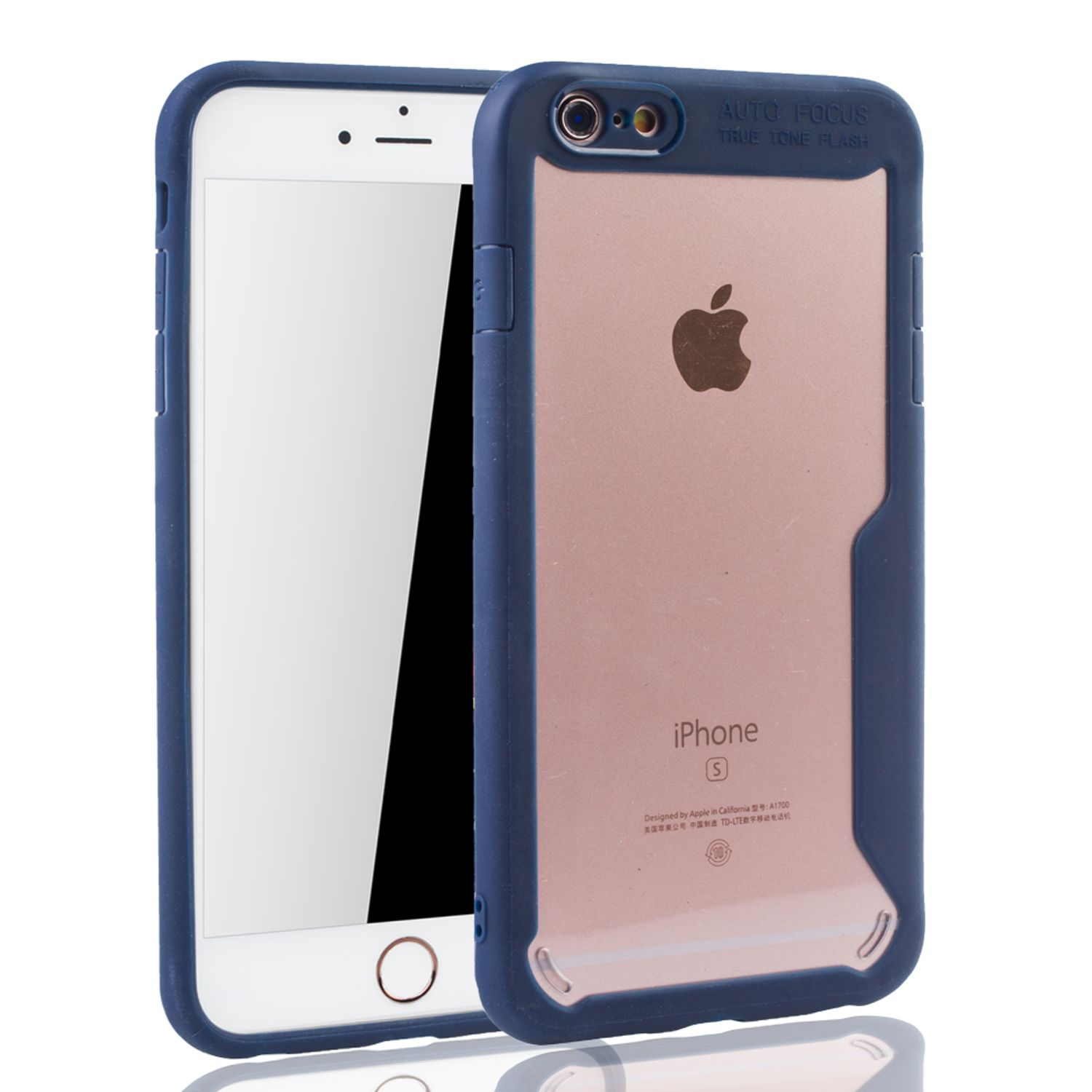 Eine blaue Handyhülle mit transparentem Rücken, die ein iPhone zeigt. Das Telefon befindet sich auf weißem Hintergrund.