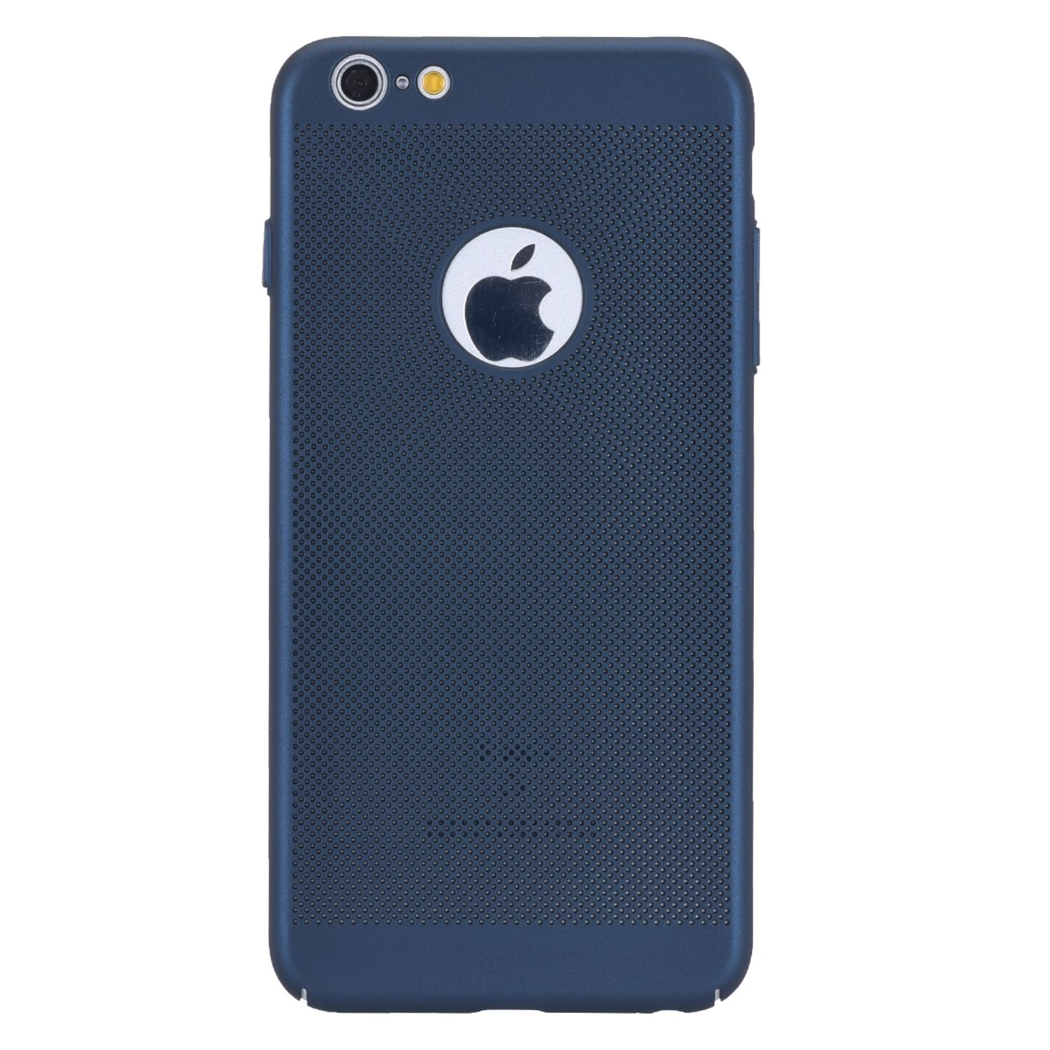 Eine blaue Handyhülle mit Apple-Logo auf weißem Hintergrund.