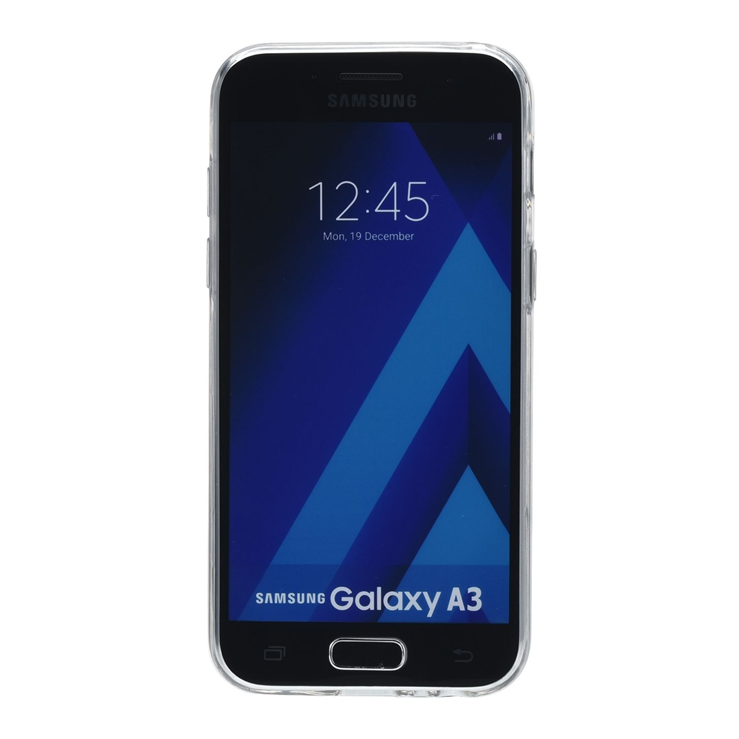 Samsung Galaxy A3 Telefon in einer transparenten Hülle mit Uhrzeit und Datum.