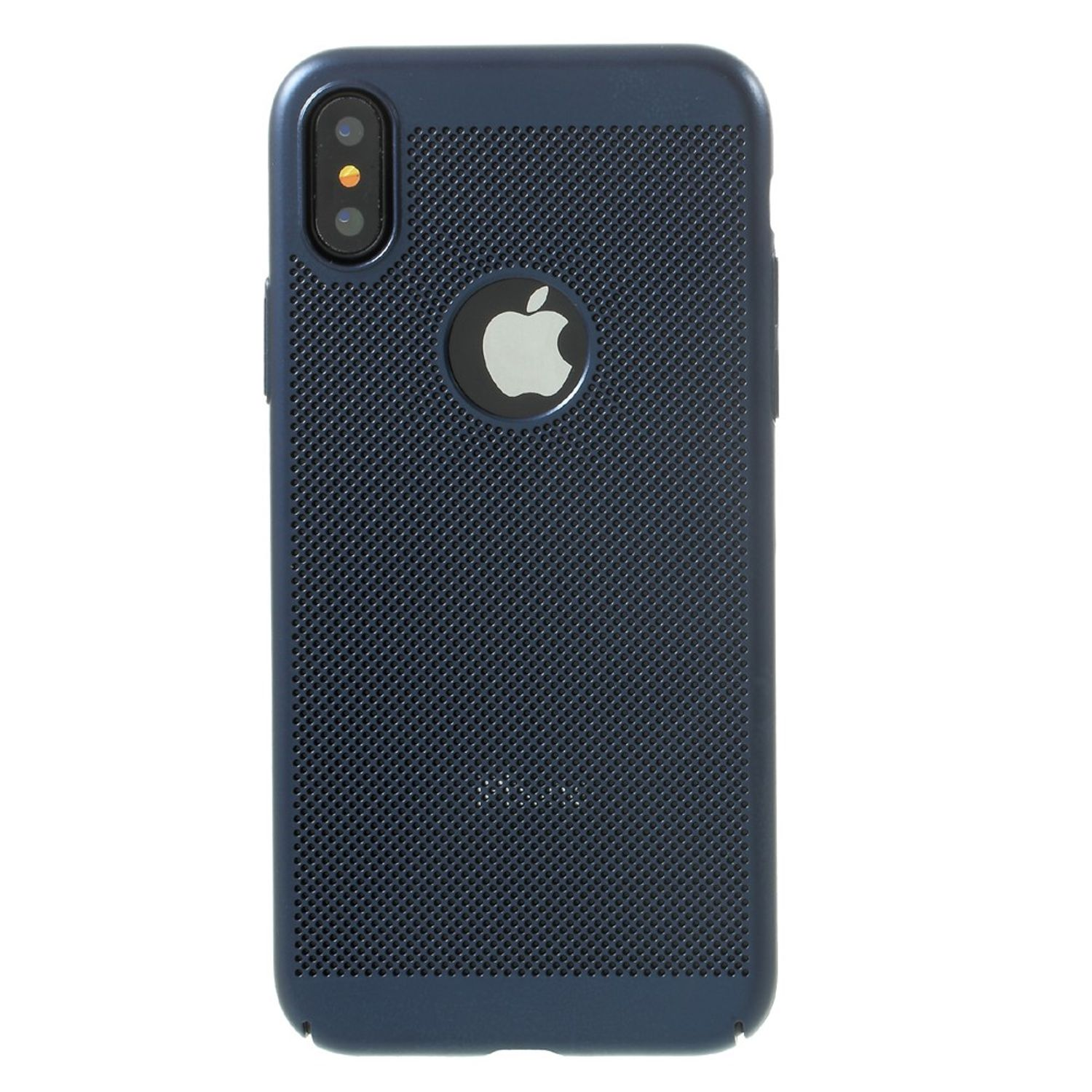 Dunkelblaue Handyhülle mit Gittermuster und Apple-Logo. Das Telefon ist nicht sichtbar.