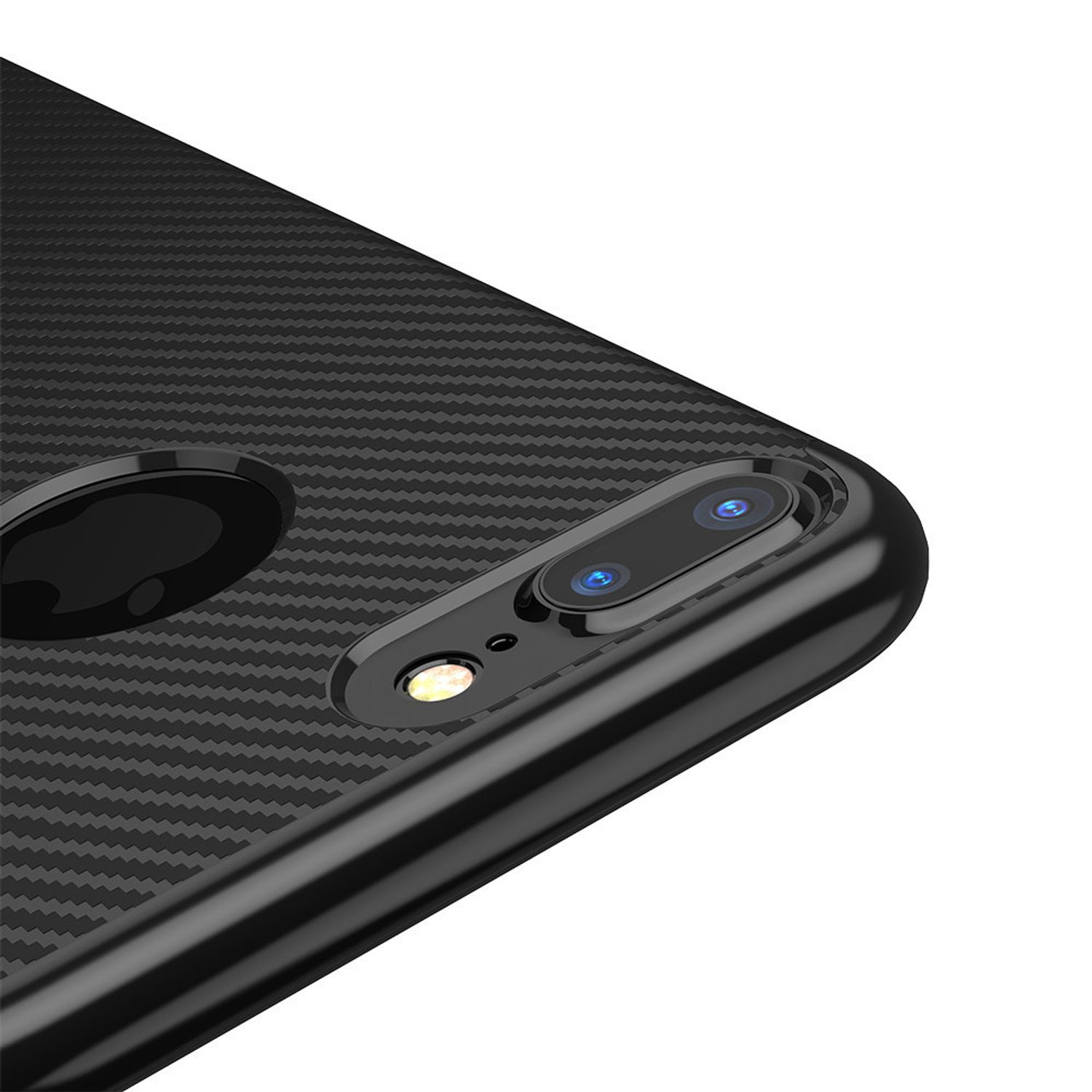 Schwarzes Telefon mit Karbonmuster und Dual-Kameras. Die Ecke ist sichtbar.
