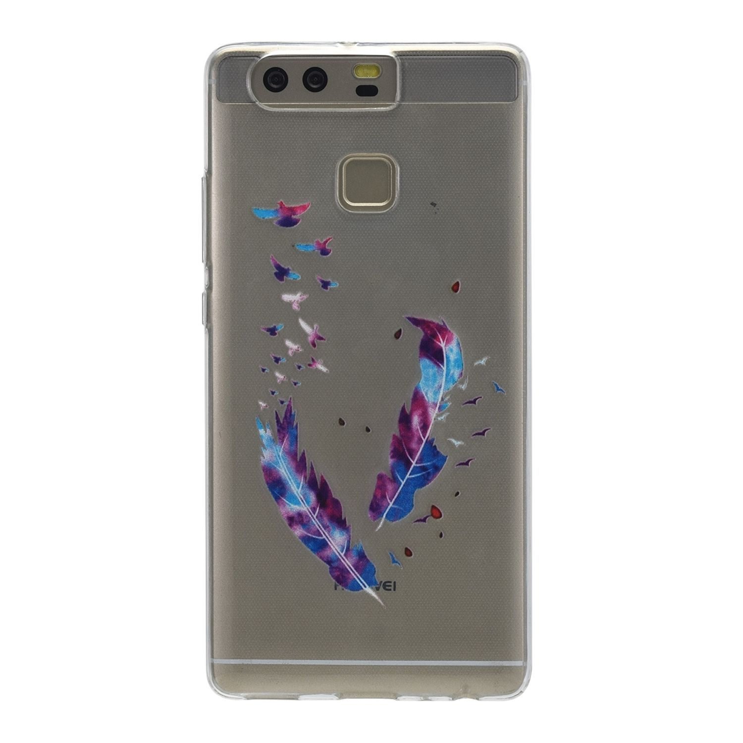 Transparente Handyhülle mit Federn-Design. Verfügt über lila und blaue Federn auf einem Telefon.