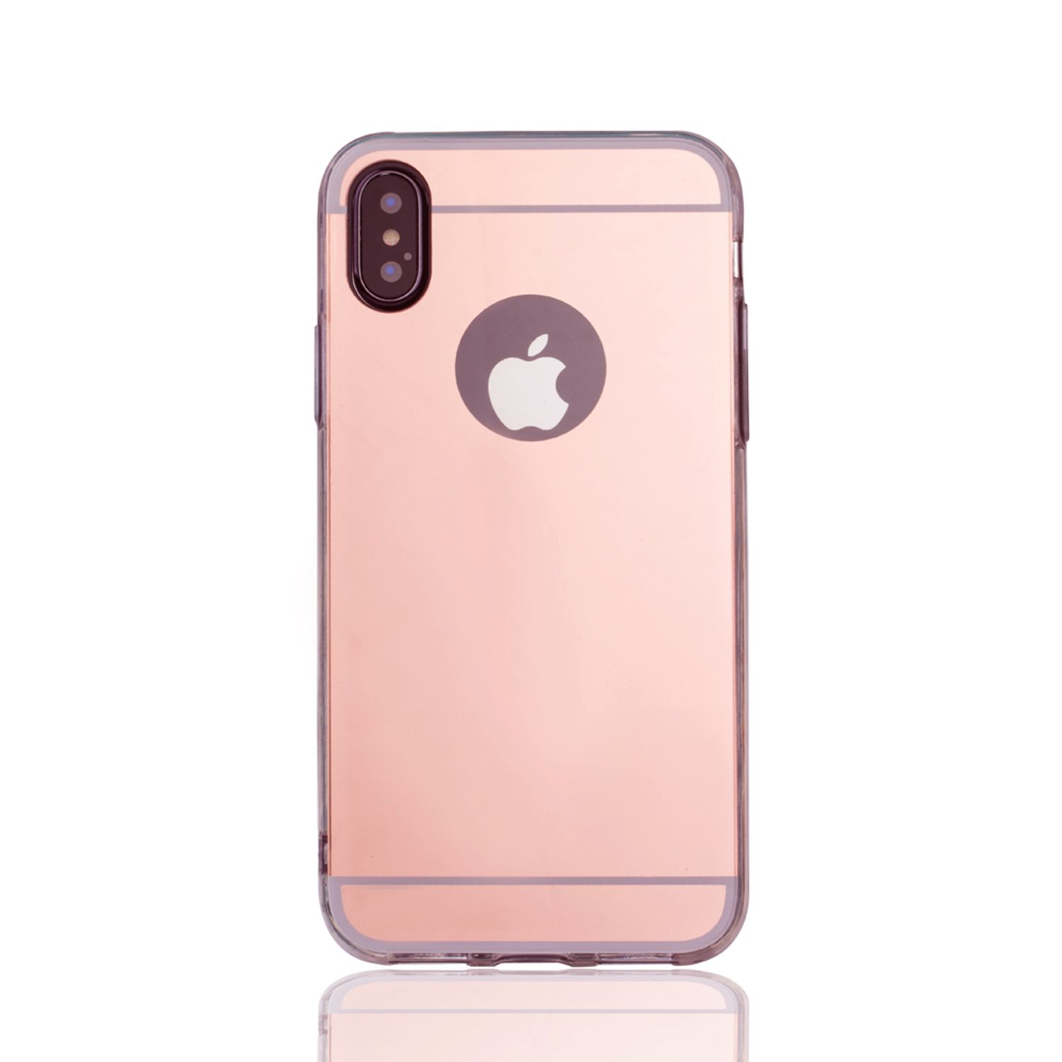 Eine roségoldene Handyhülle mit Apple-Logo, die sich auf einer weißen Oberfläche spiegelt.