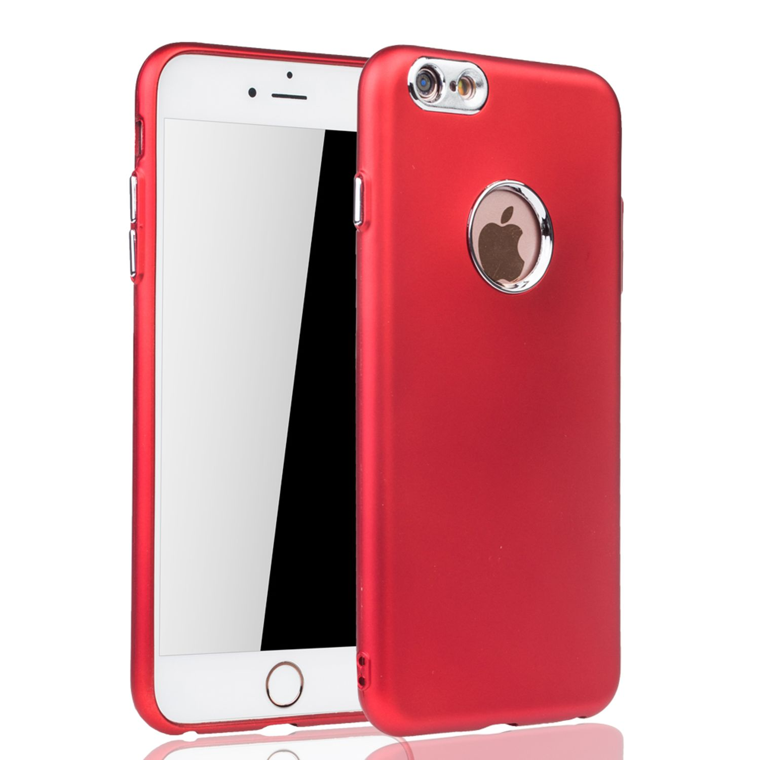 Rote Handyhülle mit weißem Telefon darin. Apple-Logo auf der Rückseite.