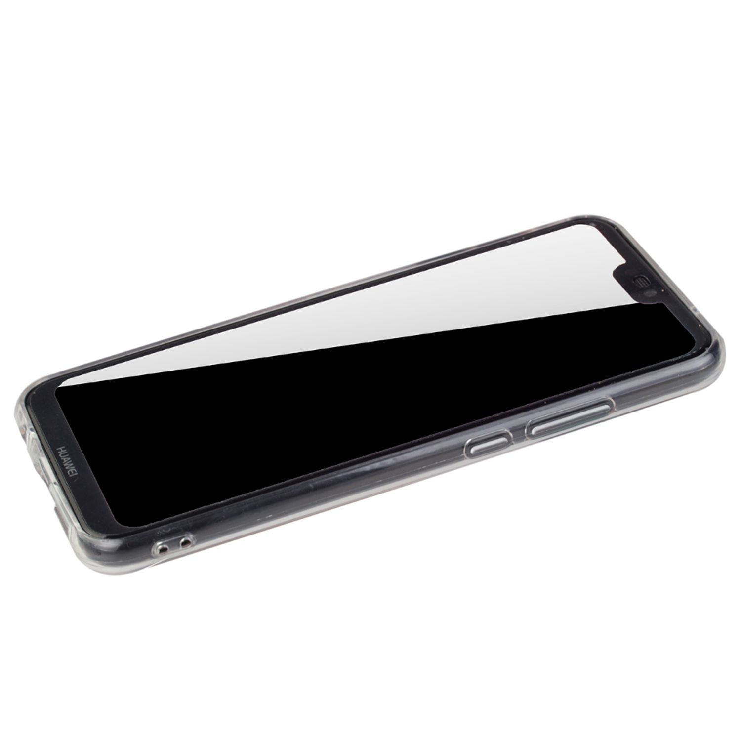Transparente Handyhülle mit Telefon, das einen leeren weißen Bildschirm zeigt.