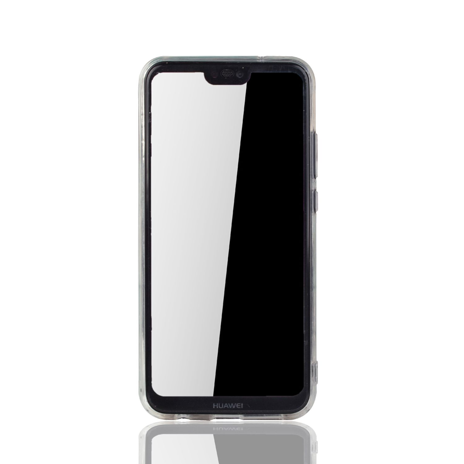 Eine transparente Handyhülle auf weißem Untergrund, die ein Huawei-Handy mit schwarzem Bildschirm zeigt. Reflektierende Oberfläche.