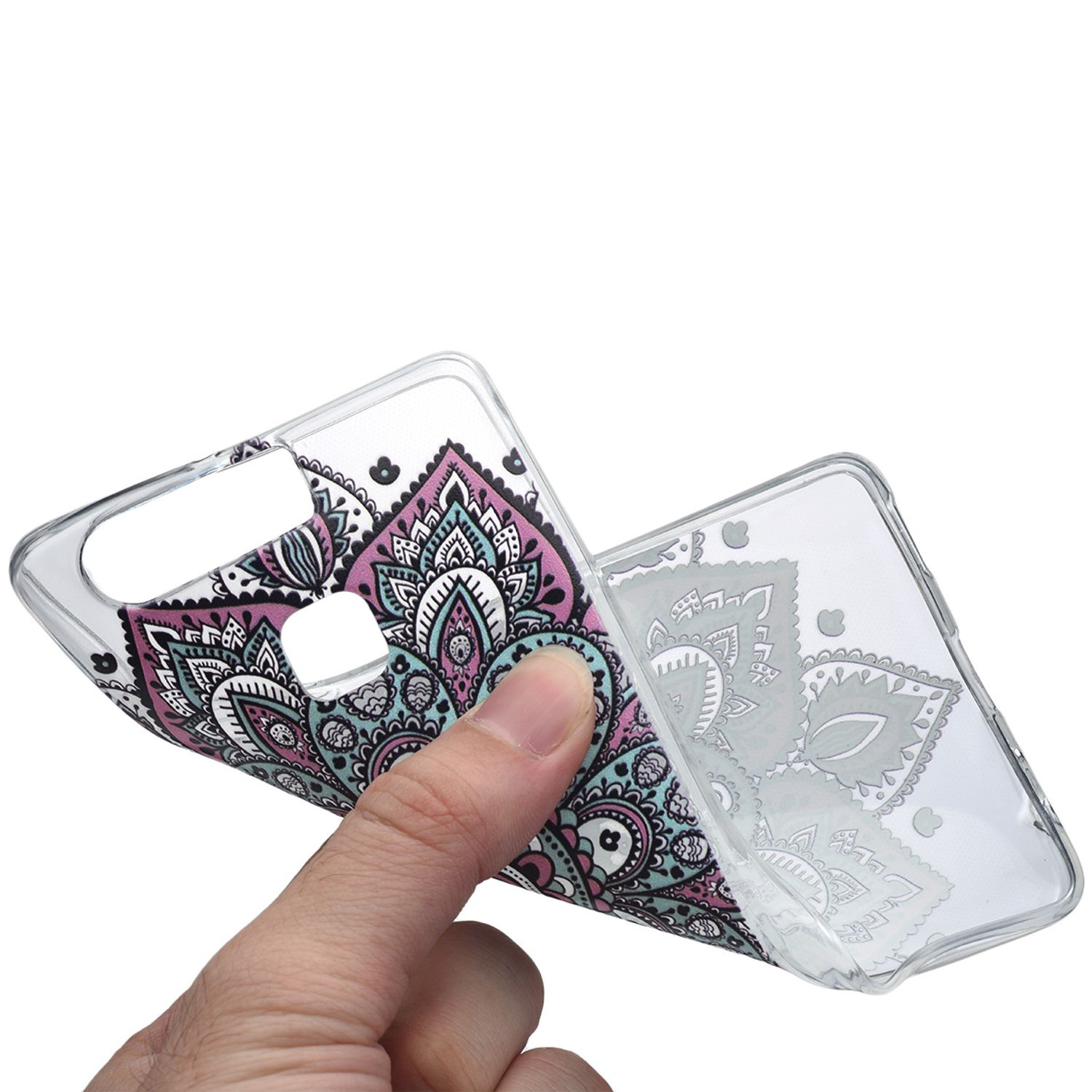 Eine Hand, die eine transparente Handyhülle mit floralem Design hält.