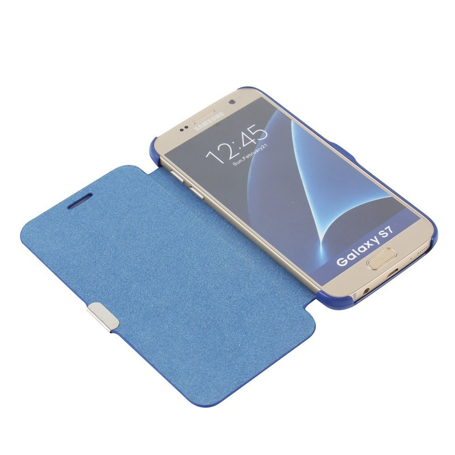 Ein Telefon mit geöffneter blauer Hülle, das den Bildschirm zeigt.