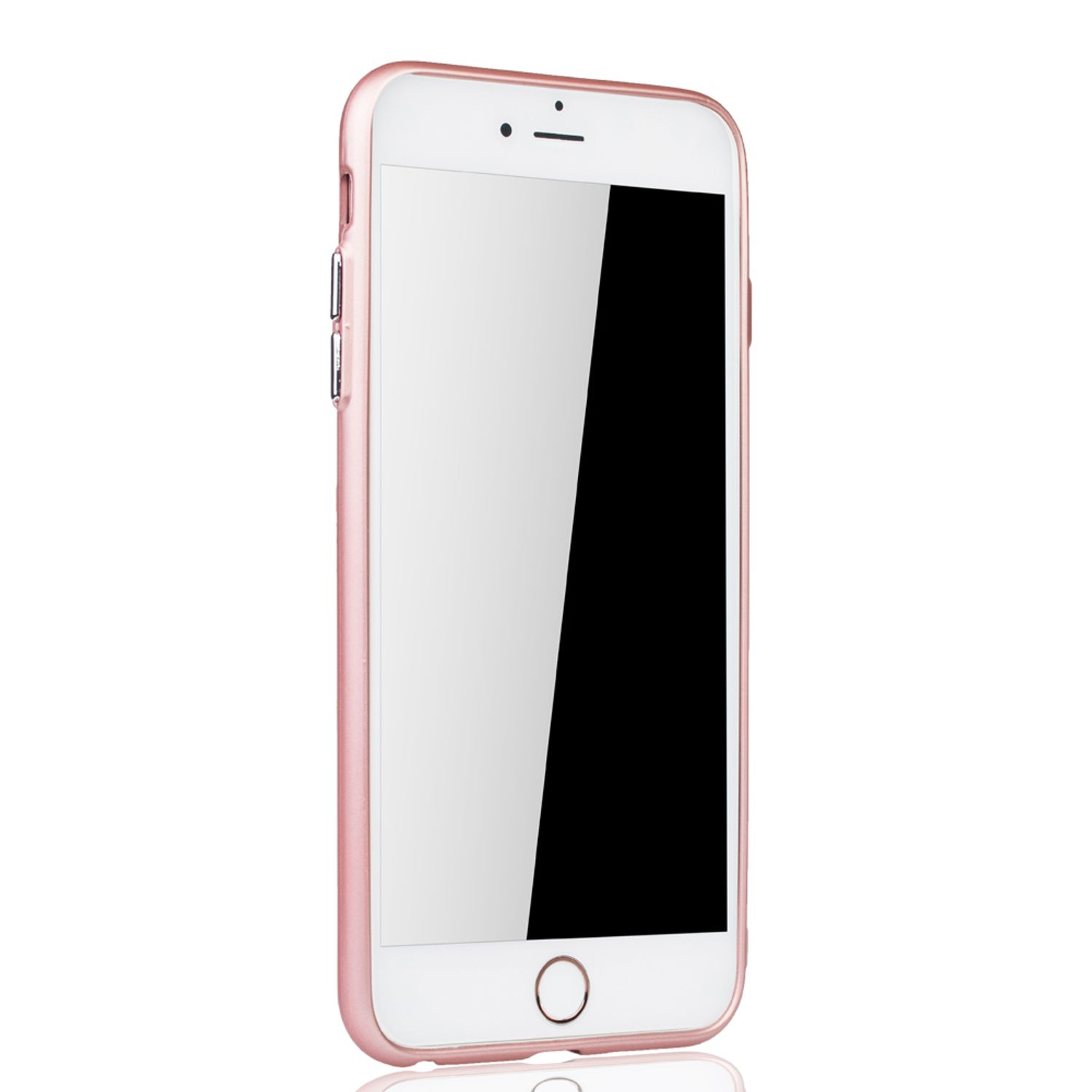 Ein roségoldenes Smartphone mit weißem Bildschirm, das die Vorderseite zeigt. Der Bildschirm ist hell.