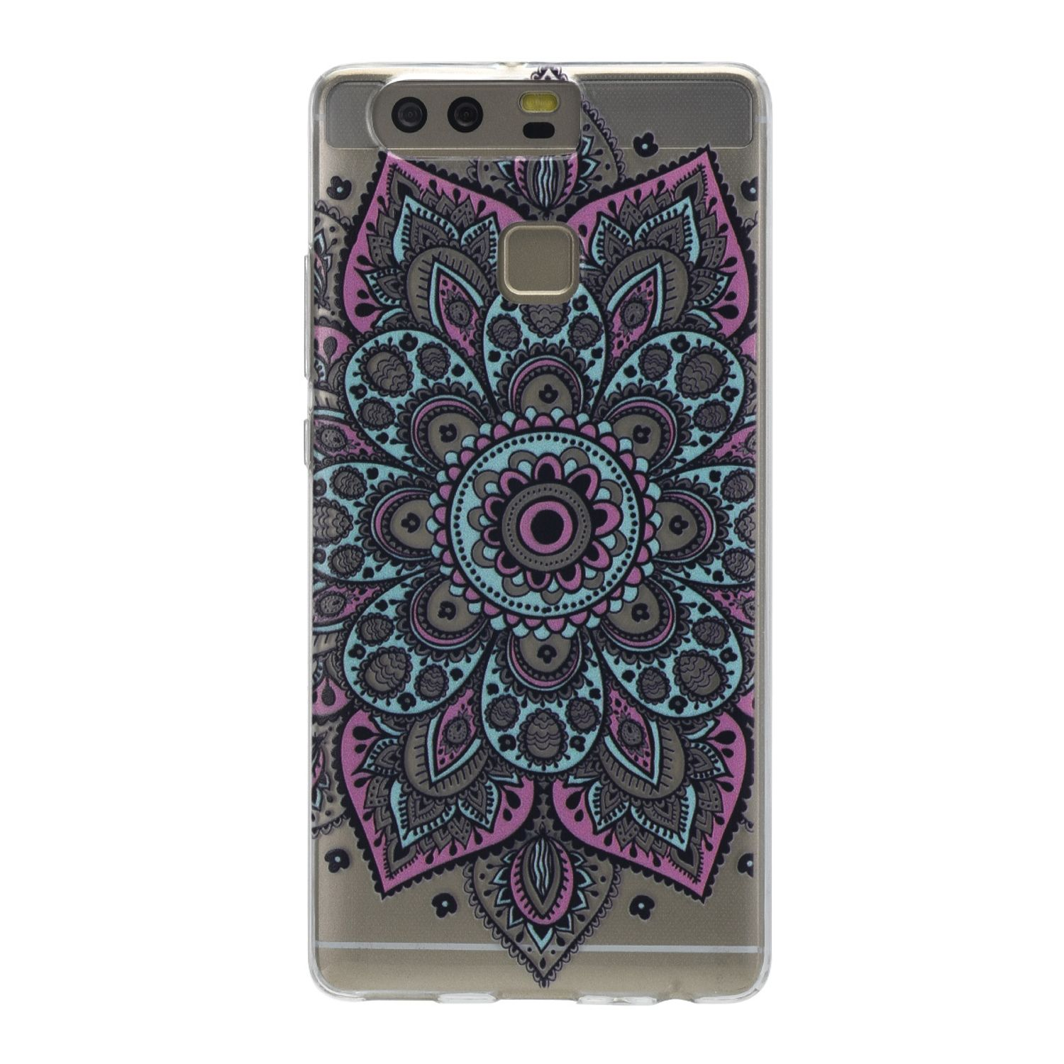 Transparente Handyhülle mit floralem Mandala-Design. Das Design hat rosa, blaue und graue Farben.