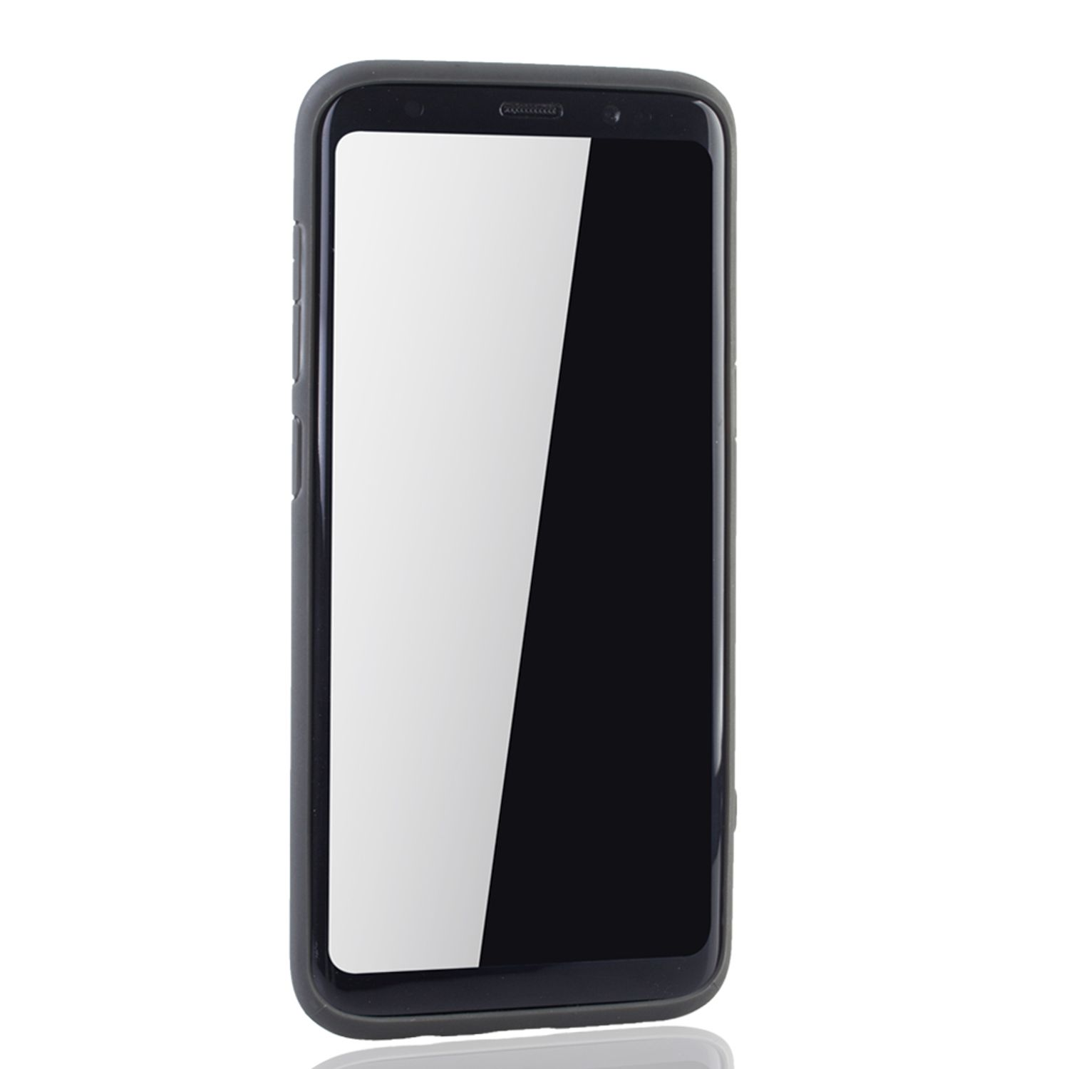 Schwarzes Smartphone in einer Hülle, Bildschirm beleuchtet, auf weißem Hintergrund.