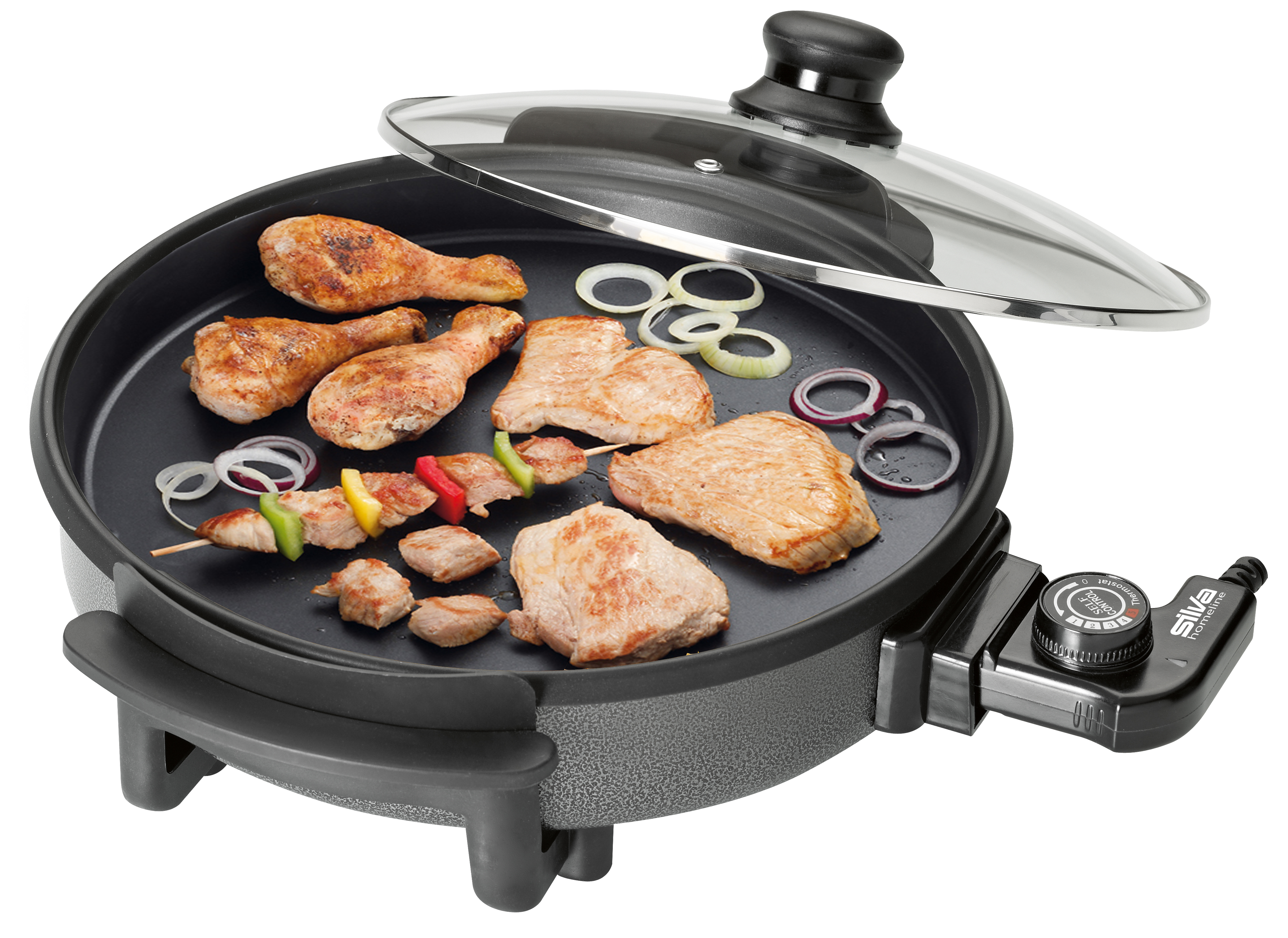 Ein Elektrogrill mit gegartem Fleisch, Gemüse und Zwiebeln. Ein Glasdeckel ist teilweise geöffnet.