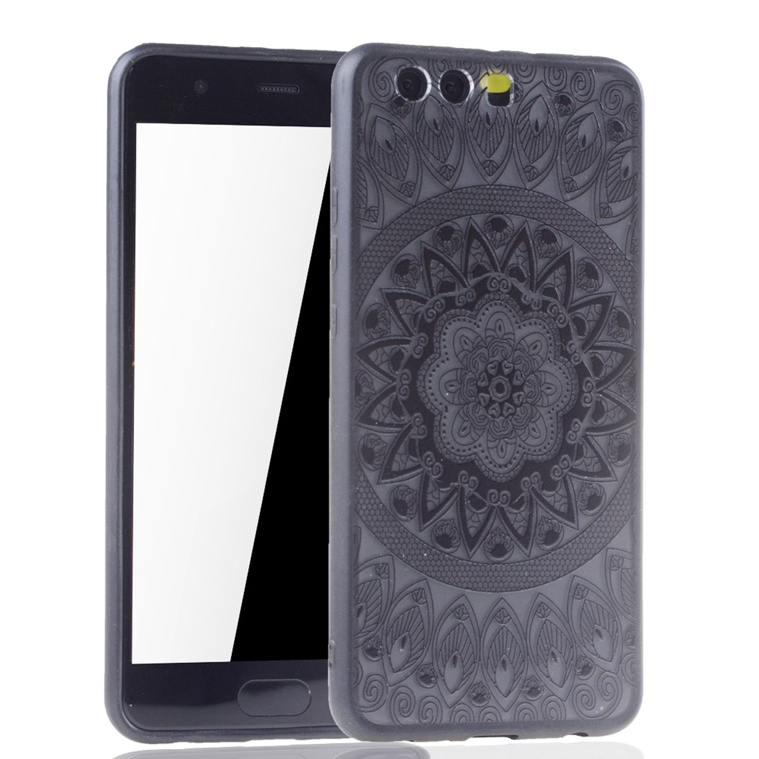 Ein schwarzes Telefon mit weißem Bildschirm. Auf der Rückseite befindet sich ein Mandala-ähnliches Muster.