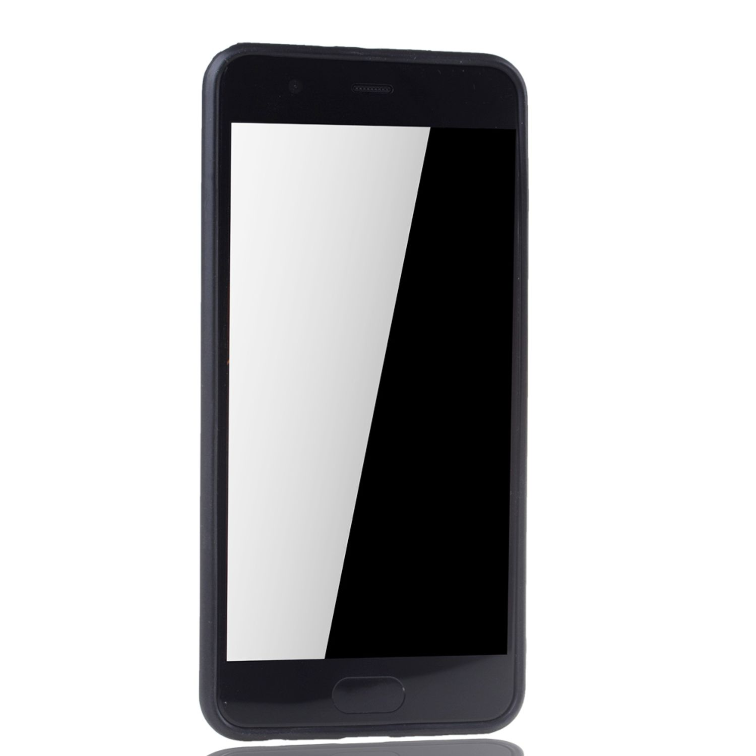 Schwarzes Telefon, Bildschirm an, mit schwarzem Gehäuse. Weißer Hintergrund.