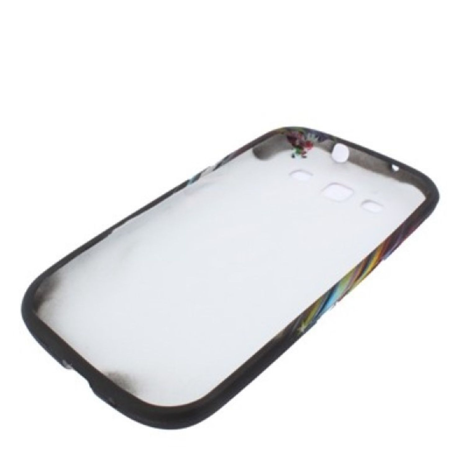 Eine transparente Handyhülle mit schwarzem Rand und farbenfrohem Design im Inneren.