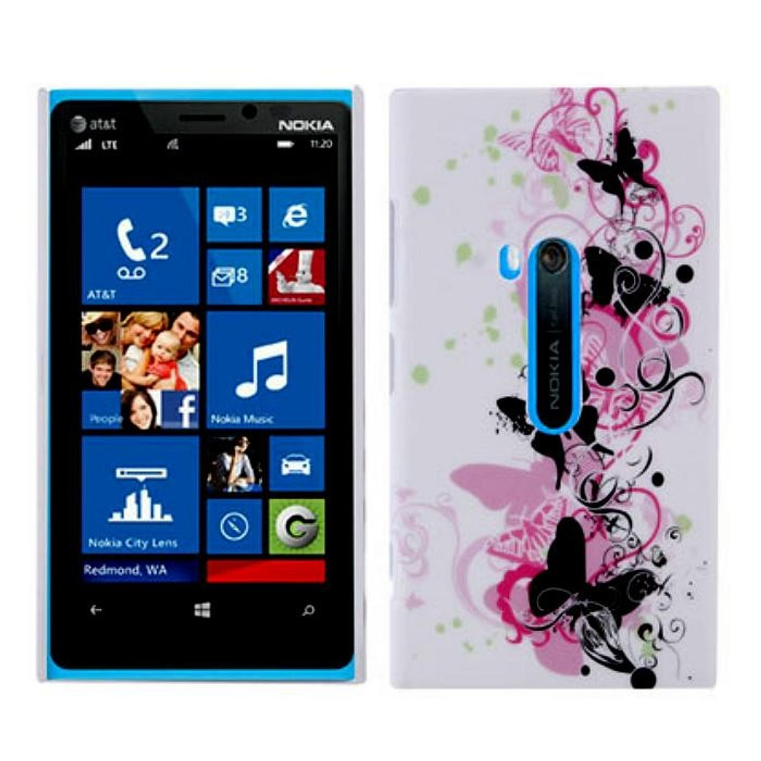 Ein Nokia-Telefon mit blauem Rahmen, schwarzem Bildschirm und floraler Rückseite.