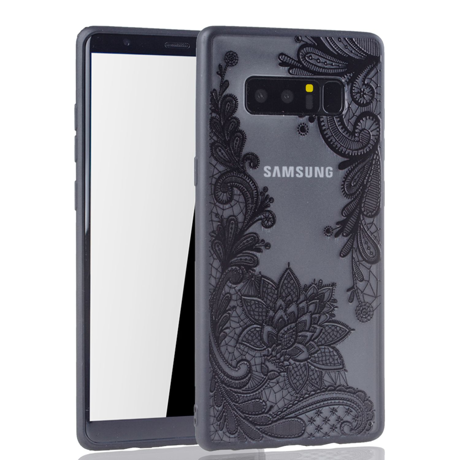 Schwarze Samsung-Handyhülle mit floralem Spitzendesign, aufrecht stehend. Leeres Telefon daneben.