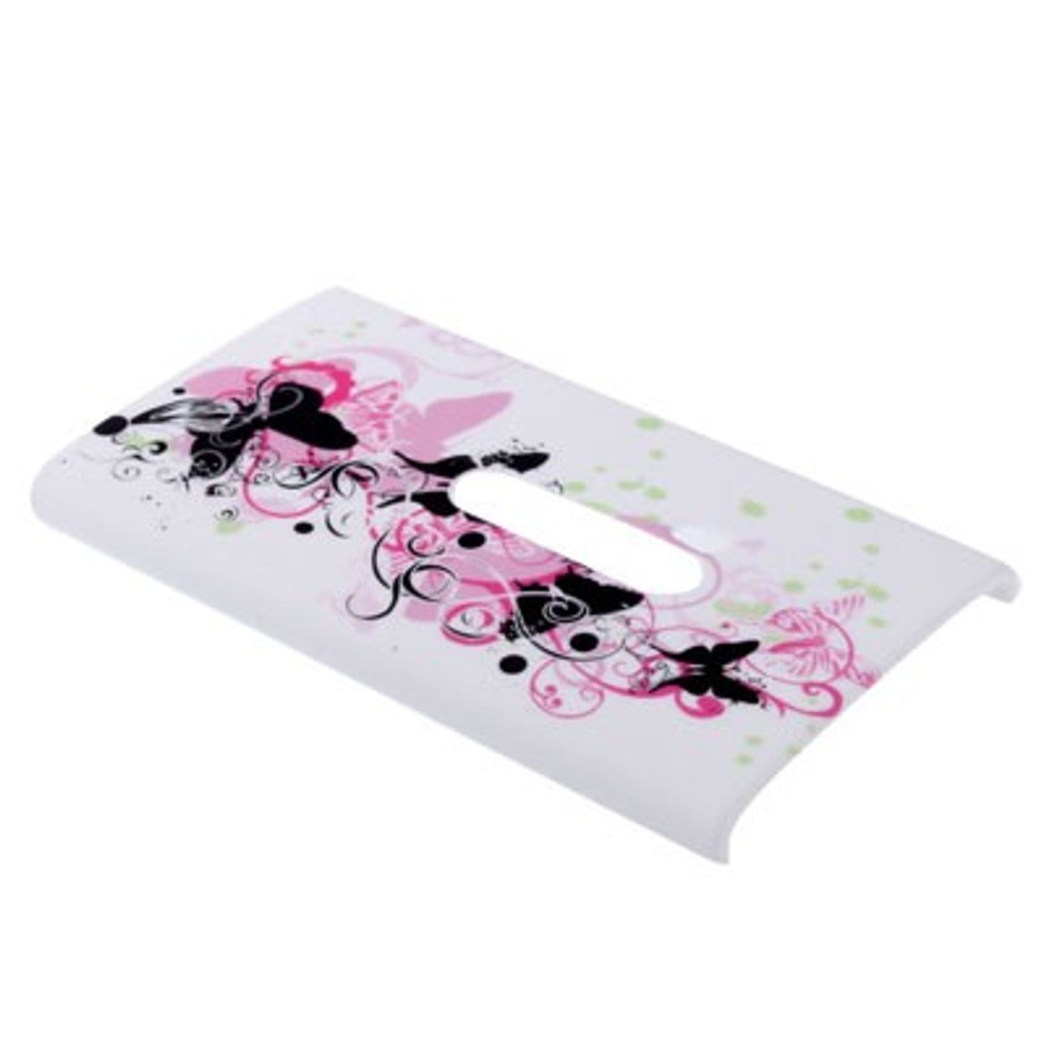 Eine weiße Spielkonsolenabdeckung mit einem rosa-schwarzen Blumendesign und einem ovalen Ausschnitt.