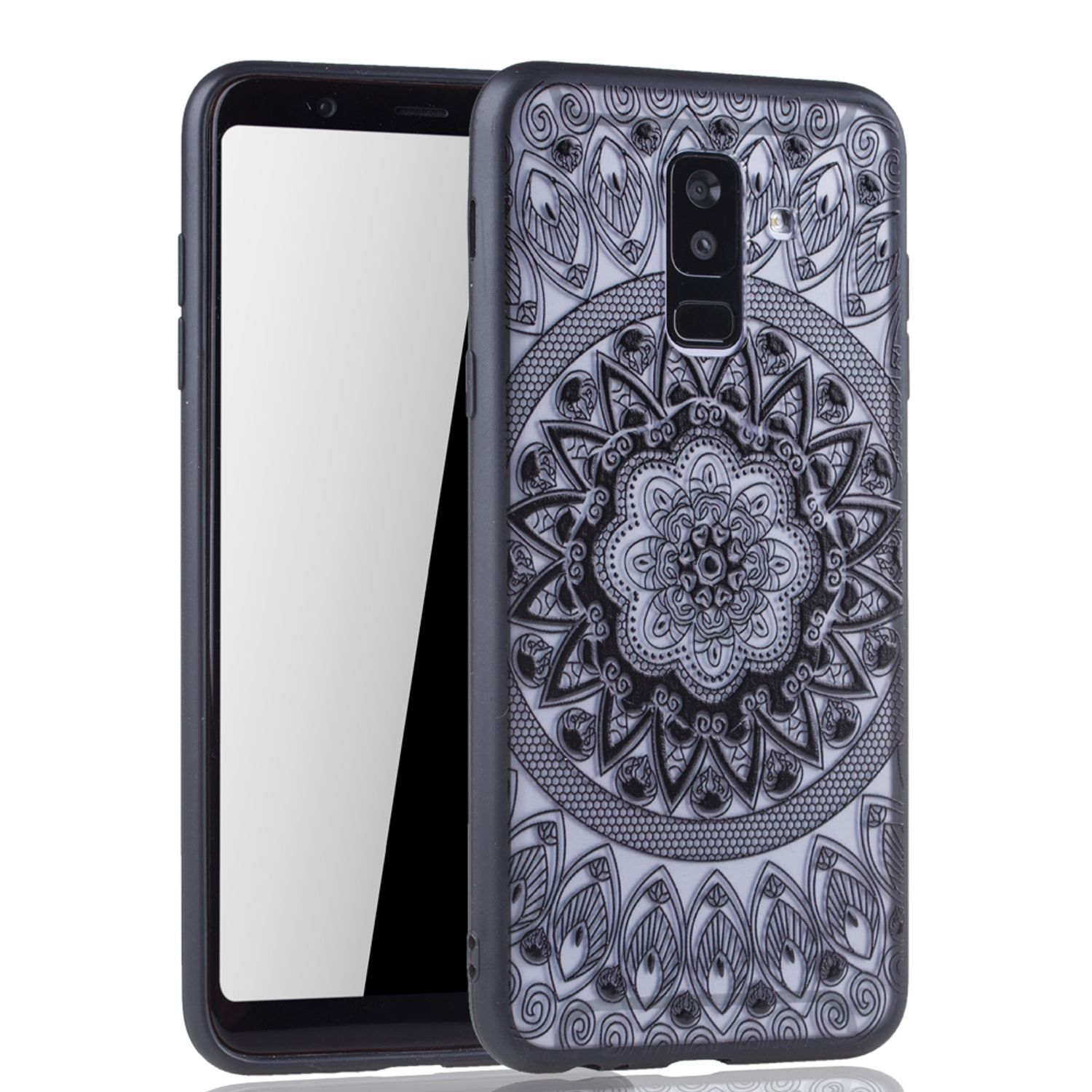 Eine Handyhülle mit Mandala-Design wird gezeigt. Das Telefon ist sichtbar. Der Hintergrund ist weiß.