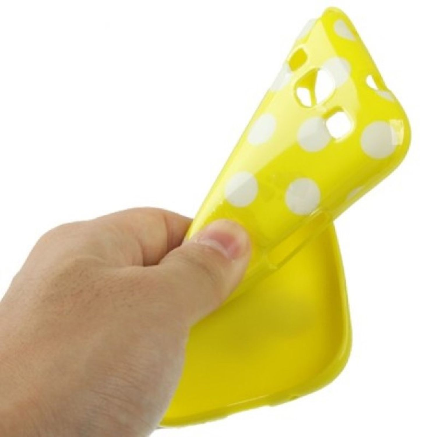 Eine Hand hält eine gelbe Handyhülle mit weißen Punkten. Die Hülle ist flexibel.