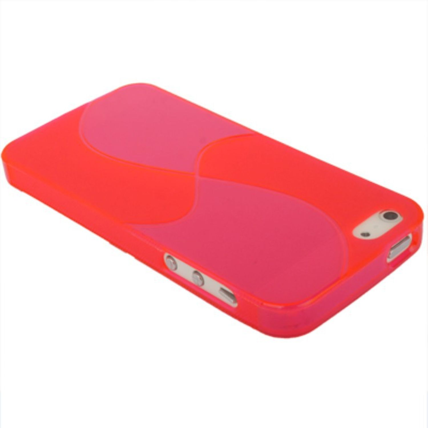 Eine rot-rosa Handyhülle mit wellenförmigem Design auf weißer Oberfläche.