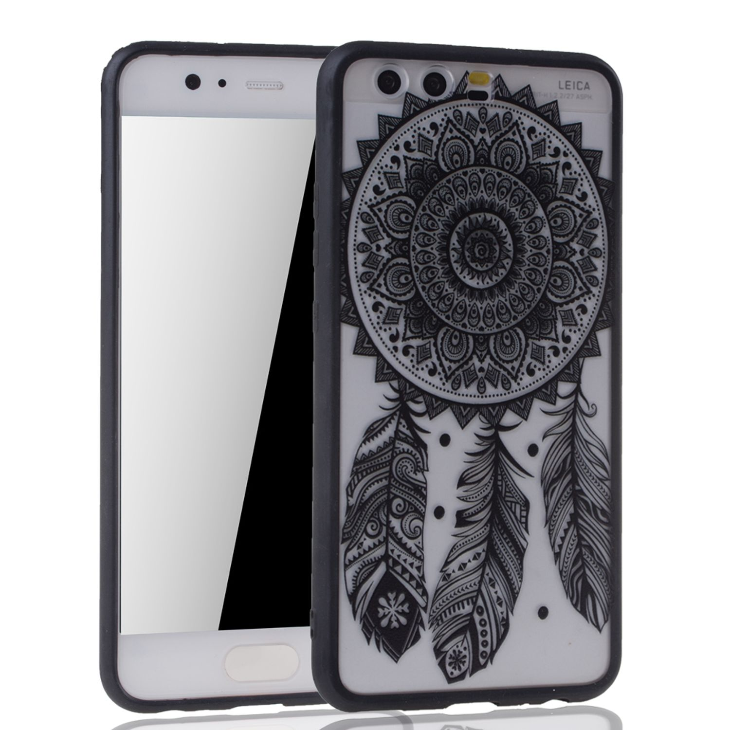 Eine Handyhülle mit Traumfänger-Design in Schwarz und Weiß. Das Telefon ist links.