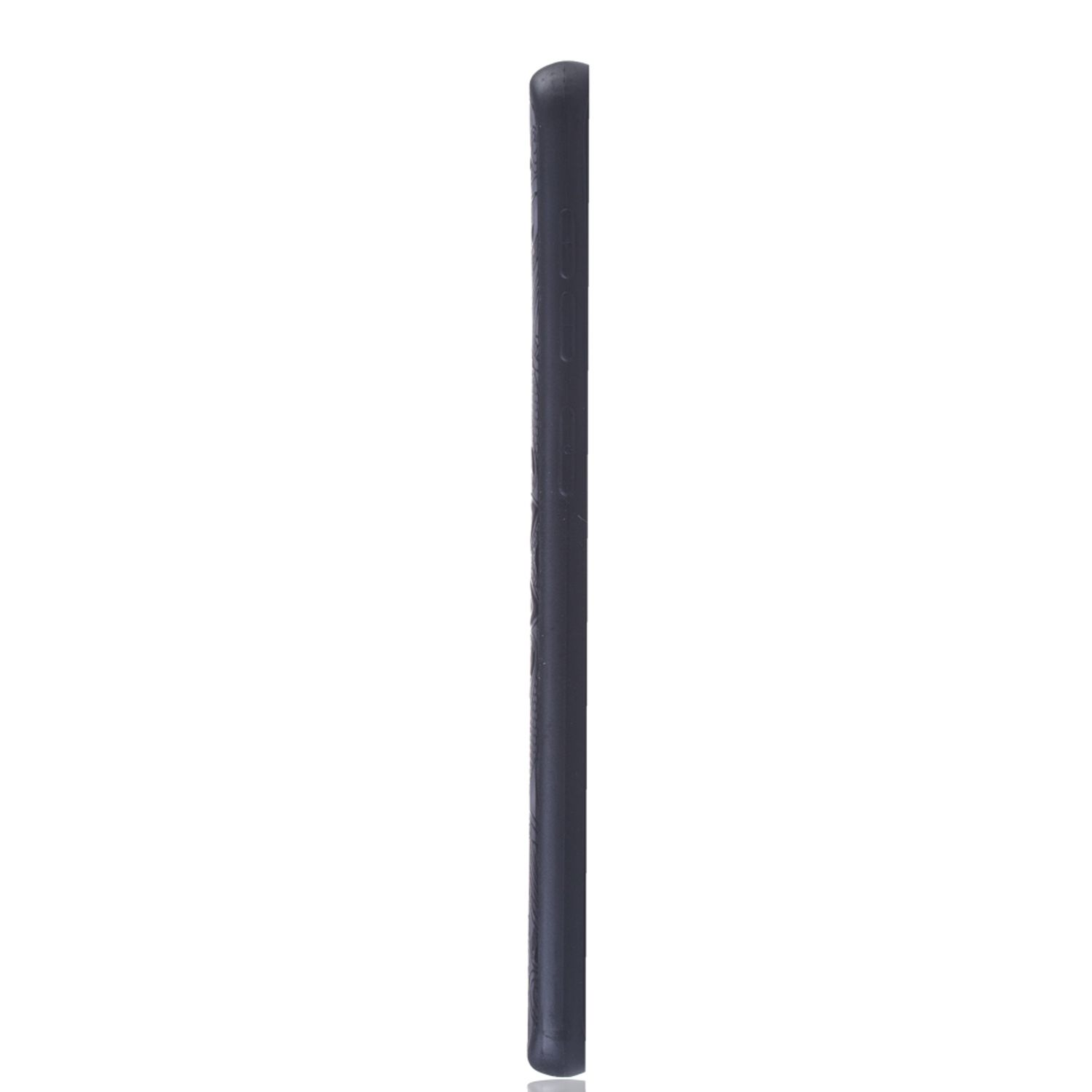 Ein schwarzes Telefon-Seitenprofil. Das Gehäuse ist dunkelgrau und glatt.