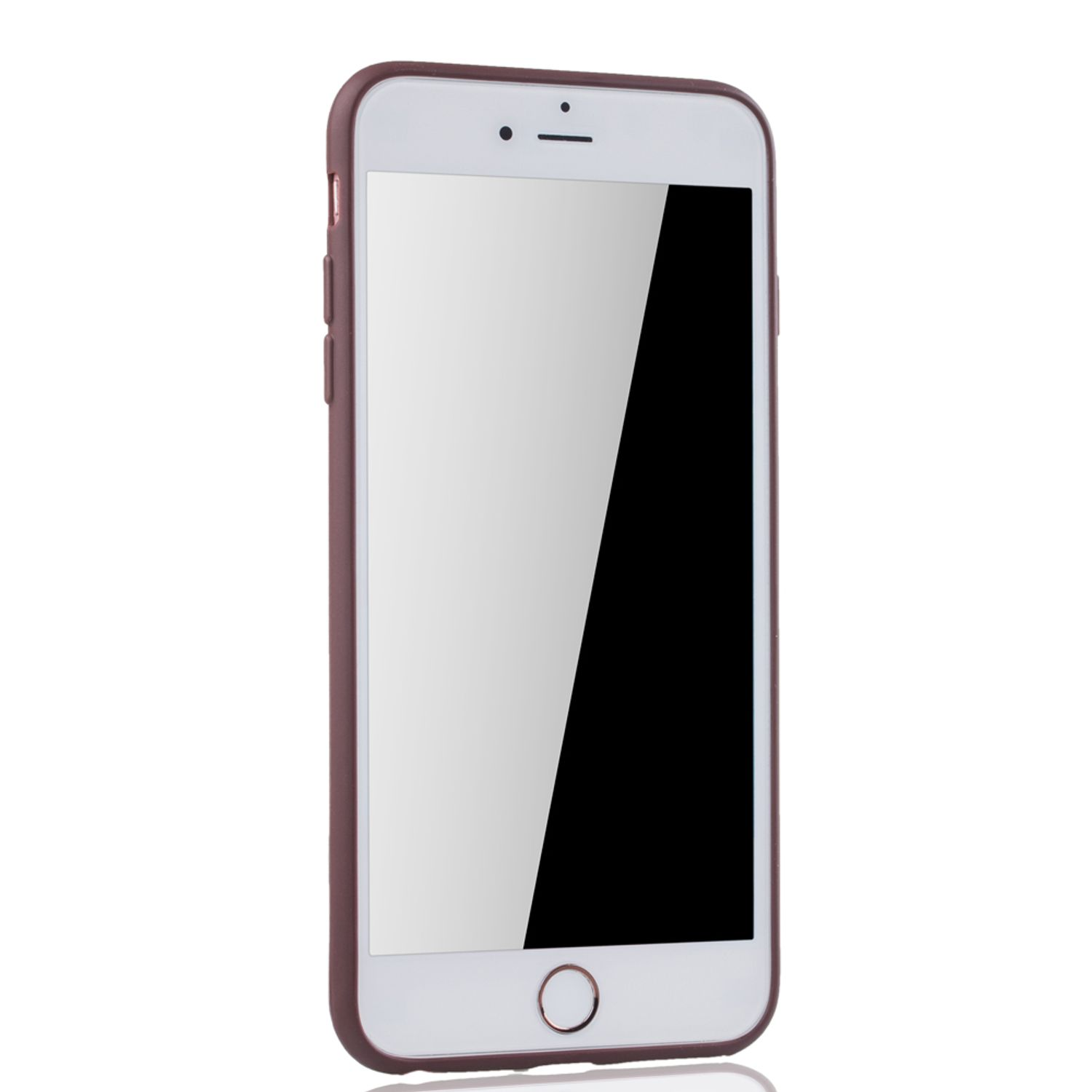 Ein weißes Telefon mit weinroter Hülle, abgewinkelt, mit schwarzem Bildschirm. Der Hintergrund ist weiß.