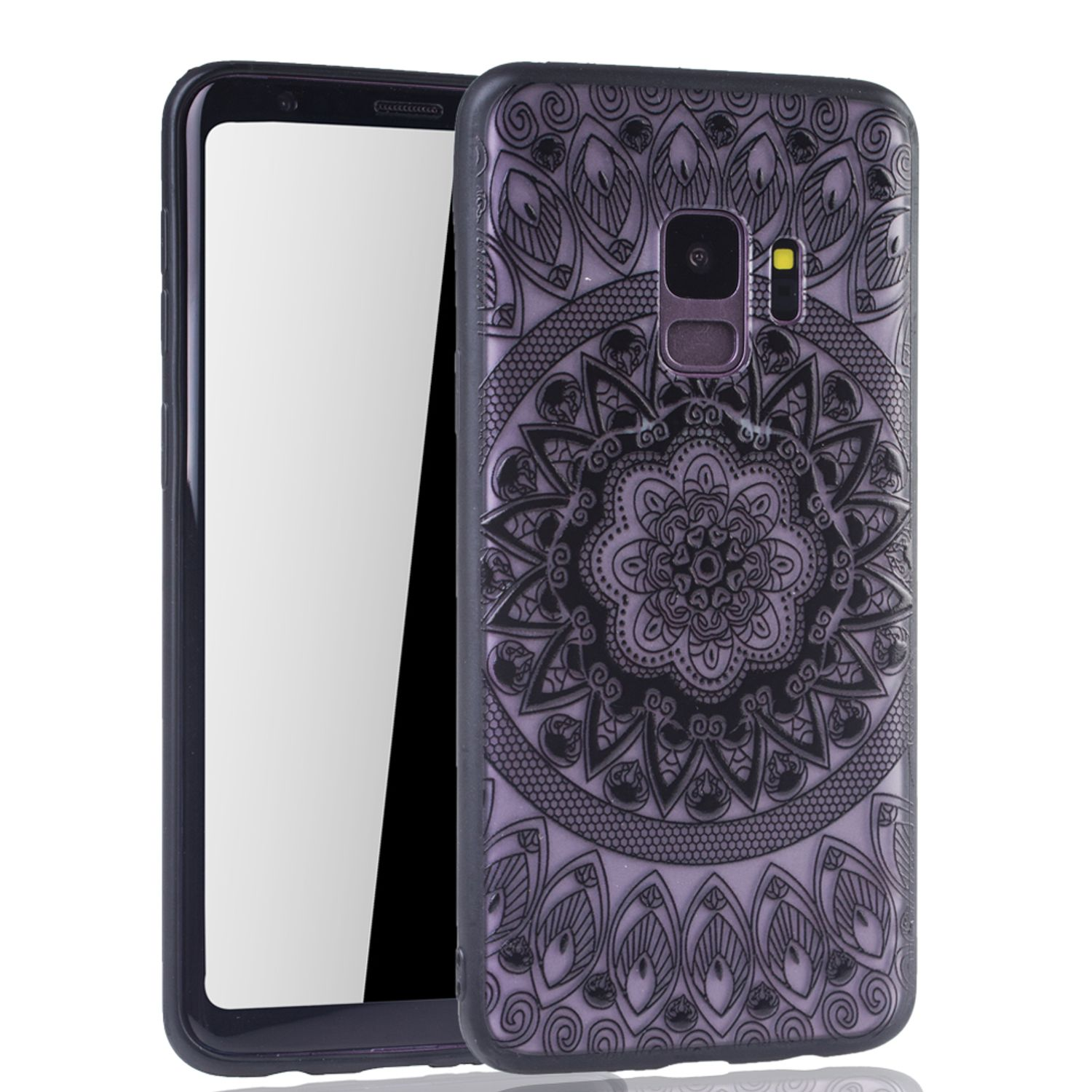 Lila Handyhülle mit schwarzem Mandala-Design. Das Telefon ist geöffnet und gibt den Bildschirm frei. Weißer Hintergrund.