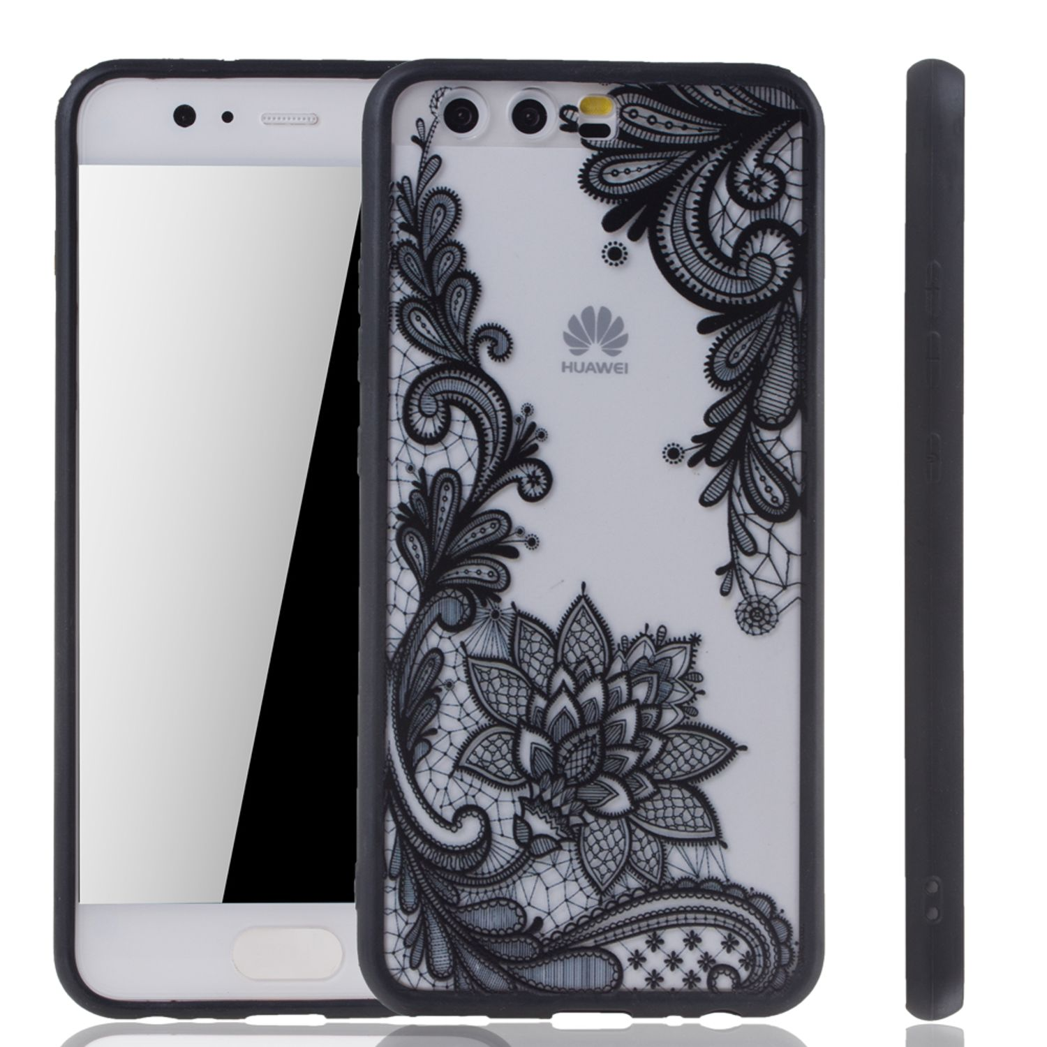 Eine Handyhülle mit floralem Design. Das Telefon ist darin, und es gibt eine Seitenansicht, die die Dicke zeigt.