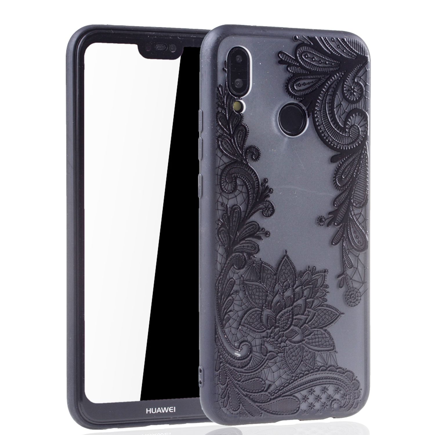 Schwarze Handyhülle mit floralem Spitzendesign. Transparente Rückseite und schwarzer Rahmen. Marke HUAWEI.