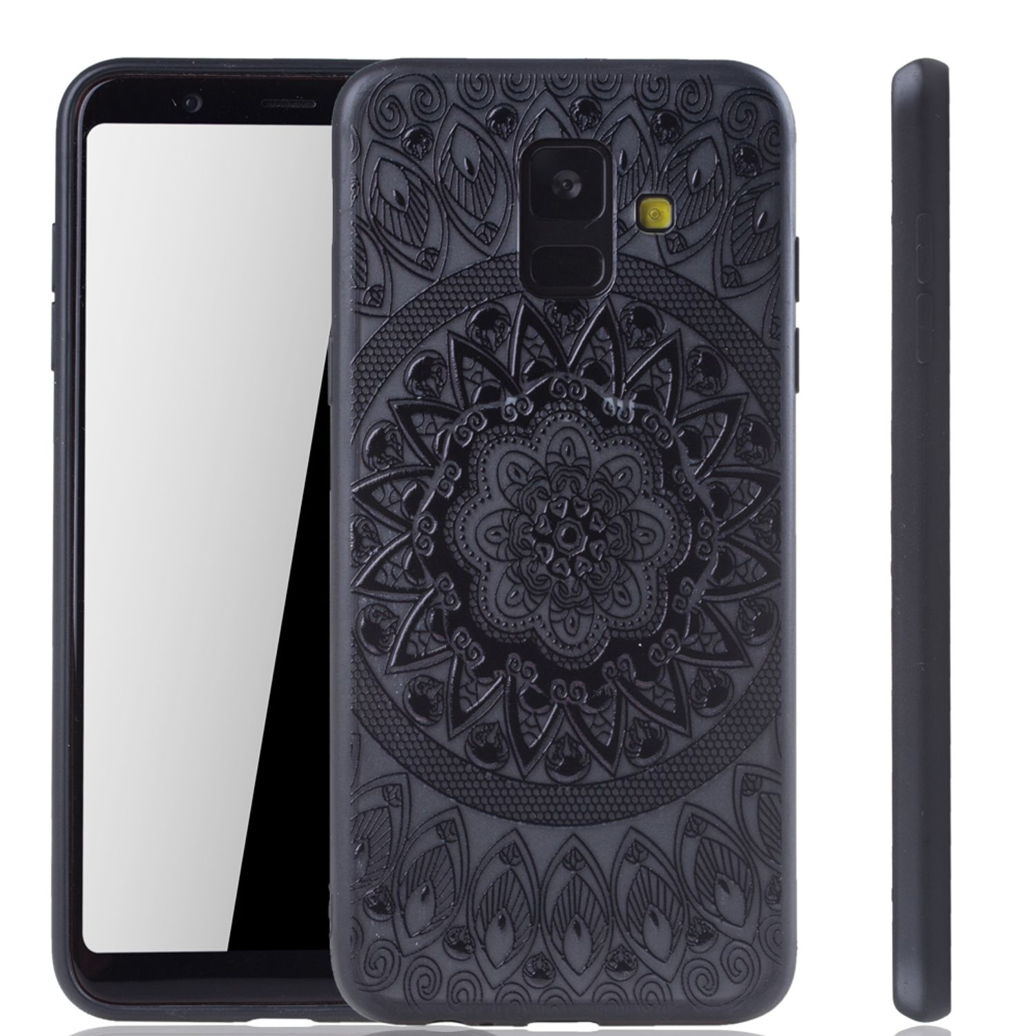 Drei Ansichten eines Telefons. Die Rückseite hat ein schwarzes Mandala-Design, das Seitenprofil ist sichtbar.