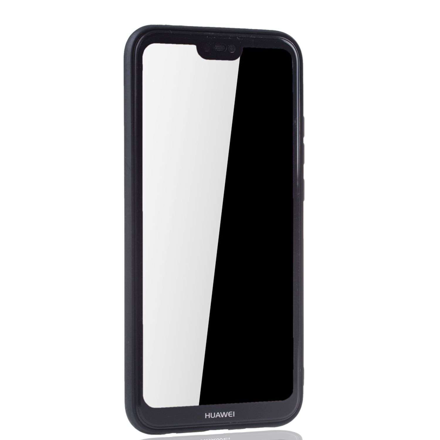 Schwarzes Huawei-Telefon mit Bildschirm. Der Hintergrund ist weiß und das Telefon ist abgewinkelt.