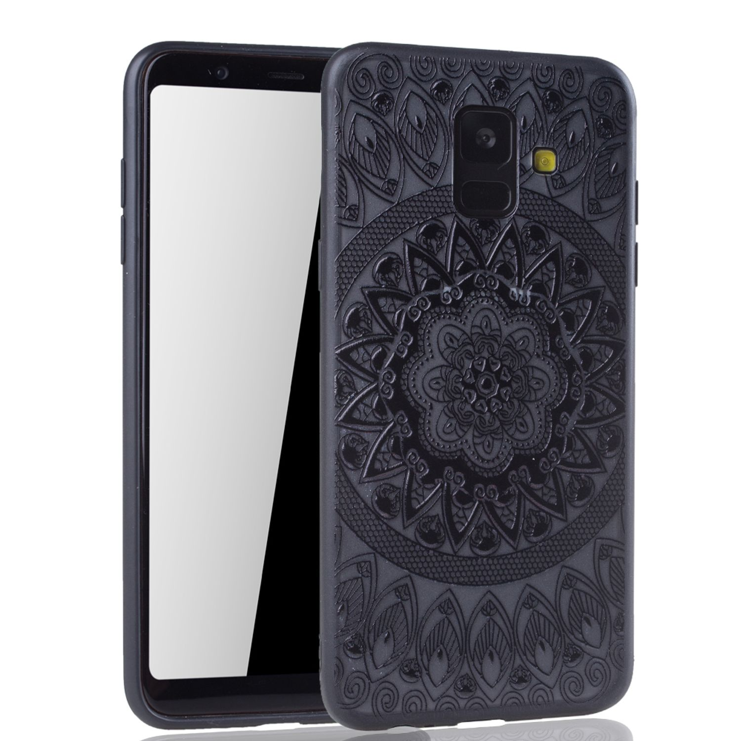 Schwarze Handyhülle mit Mandala-Muster. Telefon ist drin, Bildschirm sichtbar. Weißer Hintergrund.