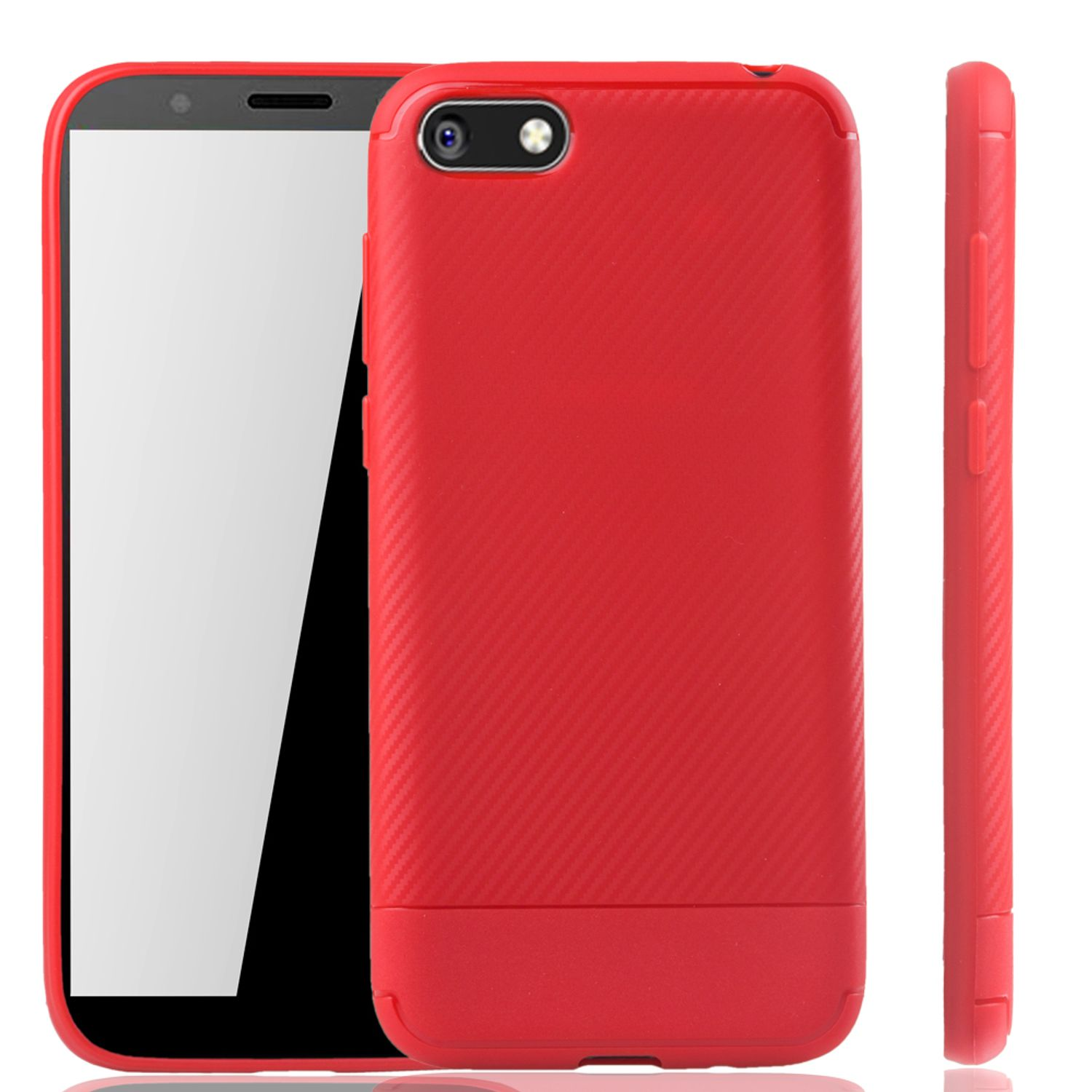 Rotes Telefon mit roter Hülle. Das Telefon ist weiß und die Hülle hat Linien.