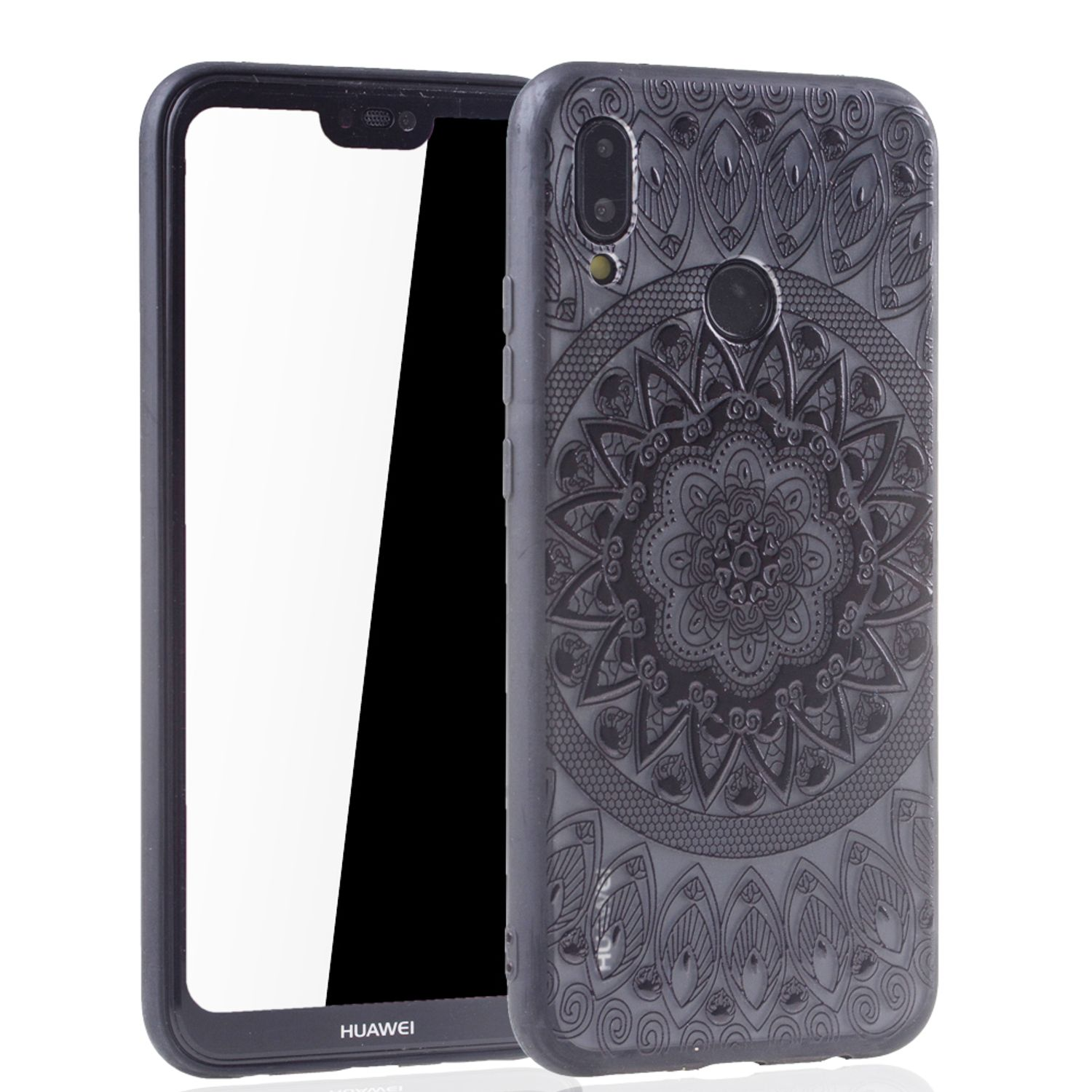 Smartphone in schwarzer Hülle mit Mandala-Design und klarer Bildschirmschutzfolie.