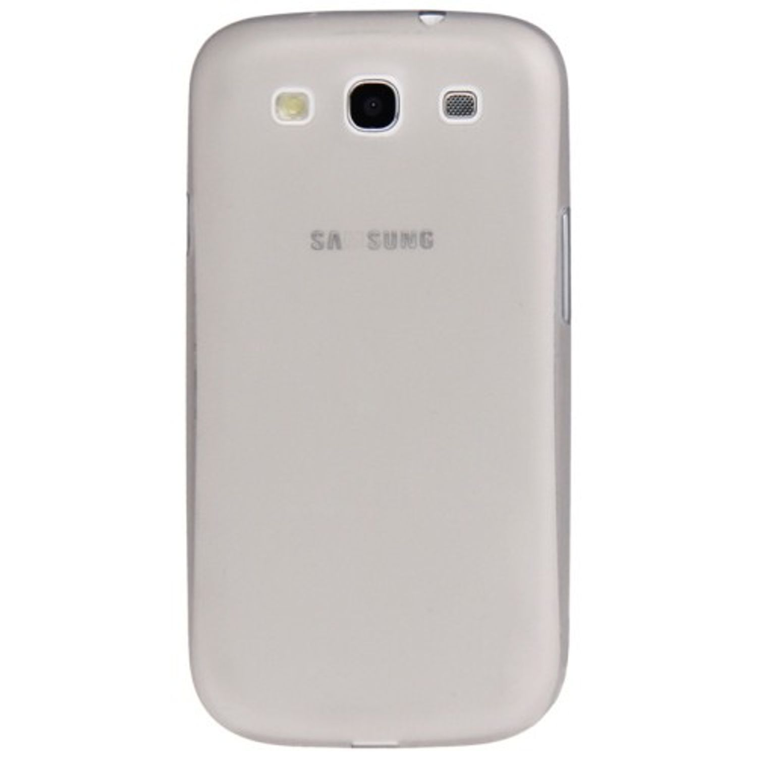 Silberne Telefonrückseite mit Kamera und Blitz, Samsung-Logo.