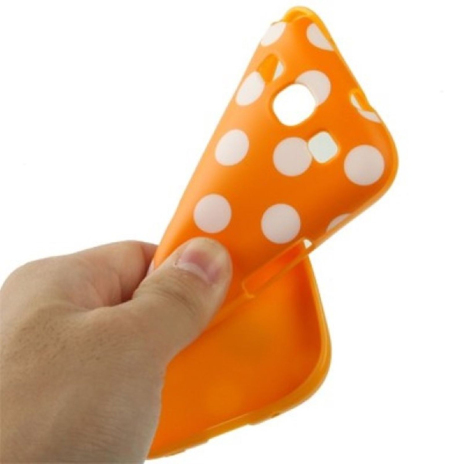 Hand, die eine orangefarbene Handyhülle mit weißen Punkten hält. Die Hülle ist offen.