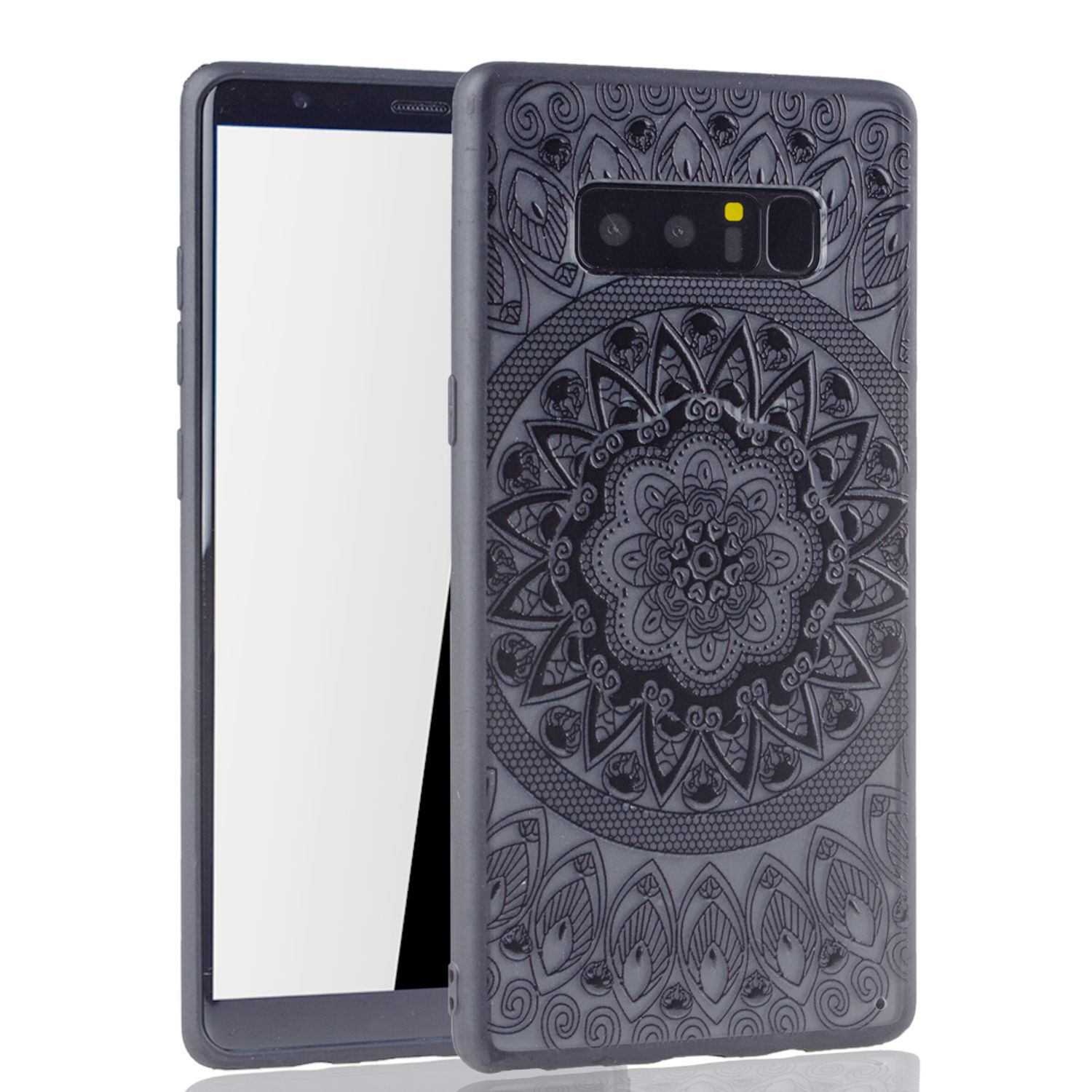 Ein Handy mit gemusterter Hülle auf weißem Hintergrund. Die Hülle ist grau mit Mandala.