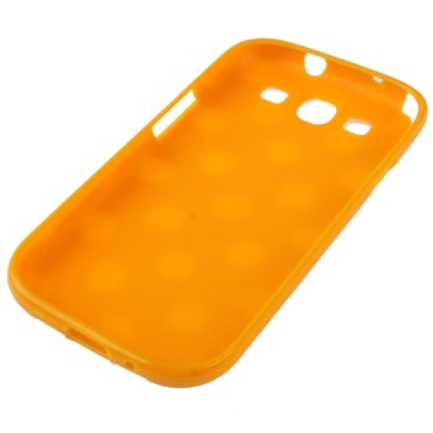 Eine orangefarbene Handyhülle. Es ist eine einfache, einfarbige Hülle mit Aussparungen für die Knöpfe.