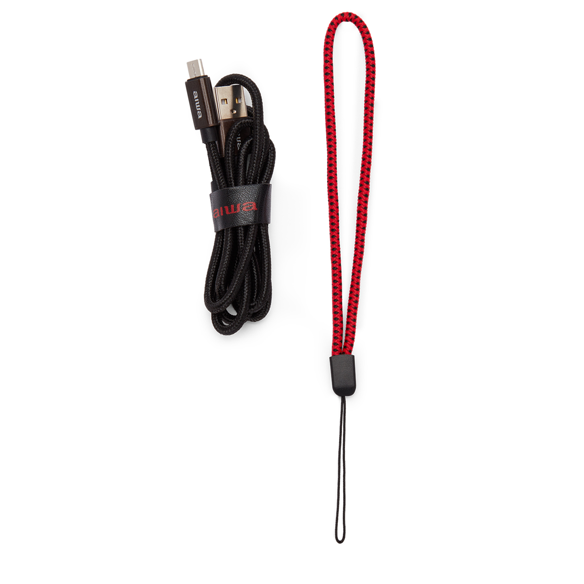Czarny kabel USB z końcówką USB-A i USB-C oraz czerwoną smyczą. Kabel jest związany czarnym paskiem.