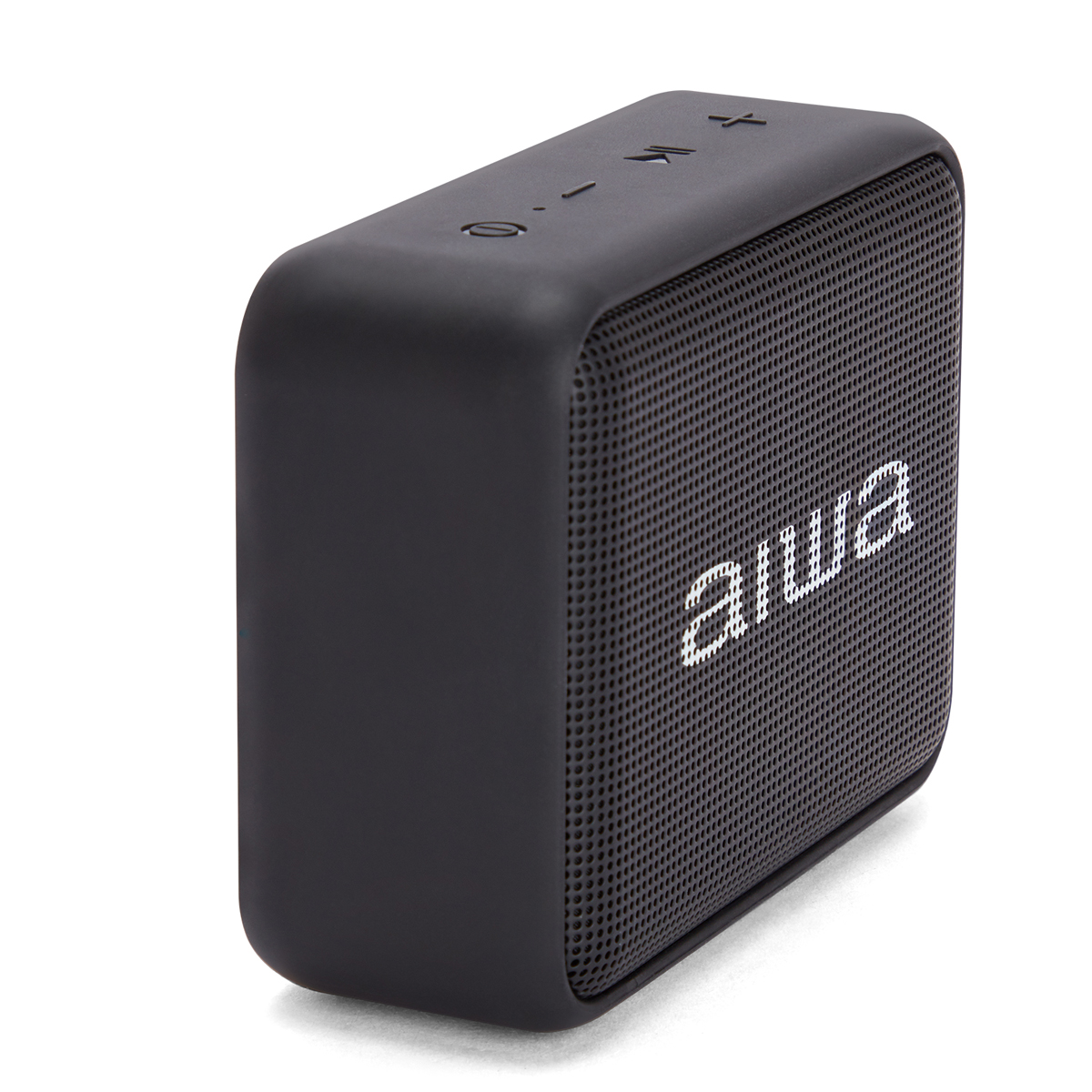 Czarny głośnik AIWA, widok z boku, z przyciskami i nazwą marki.